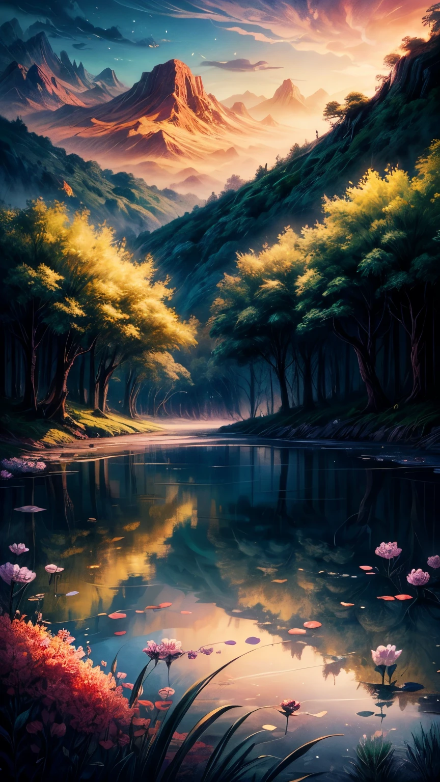 Rainforest at dusk，pond，flowers，Pixar movie style, best quality, movie stills, 