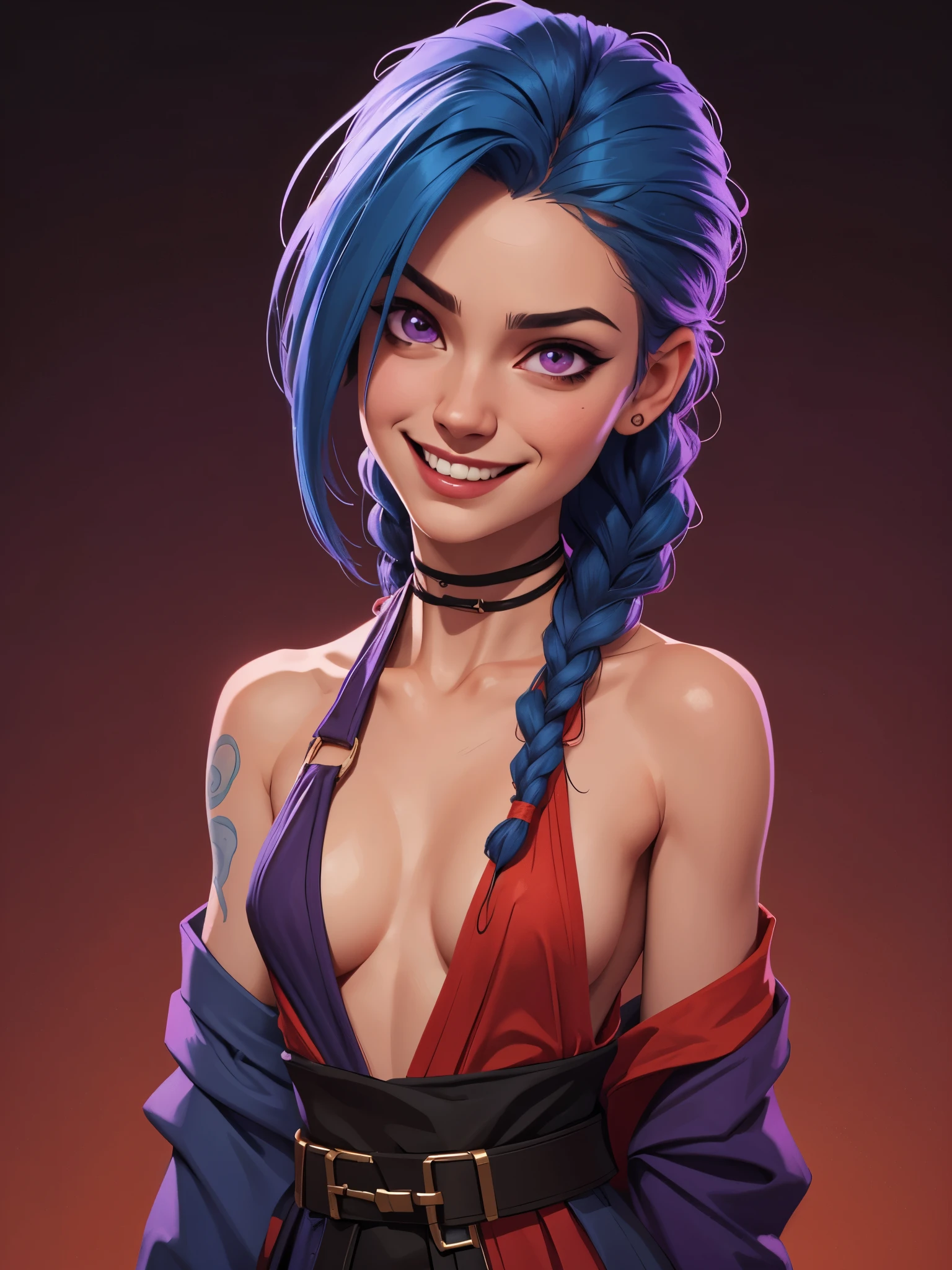 one white girl, jinx, jinx from arcane, solo, abs, slender body, (upper body, bust:1.2), purple eyes, long braid, blue hair, choker, grey skin, (japanese clothes, tiny breasts, small breasts, male chest, cleavage:1.5), bare shoulders, belts, shoulder-belts, masterpiece, highly detailed, look at viewer, expressing joy, shiny blured orange background, gradient sprayed background, smile, happy face, naughty grin, front view, gradient red purple background, blured background, glowing edges of image