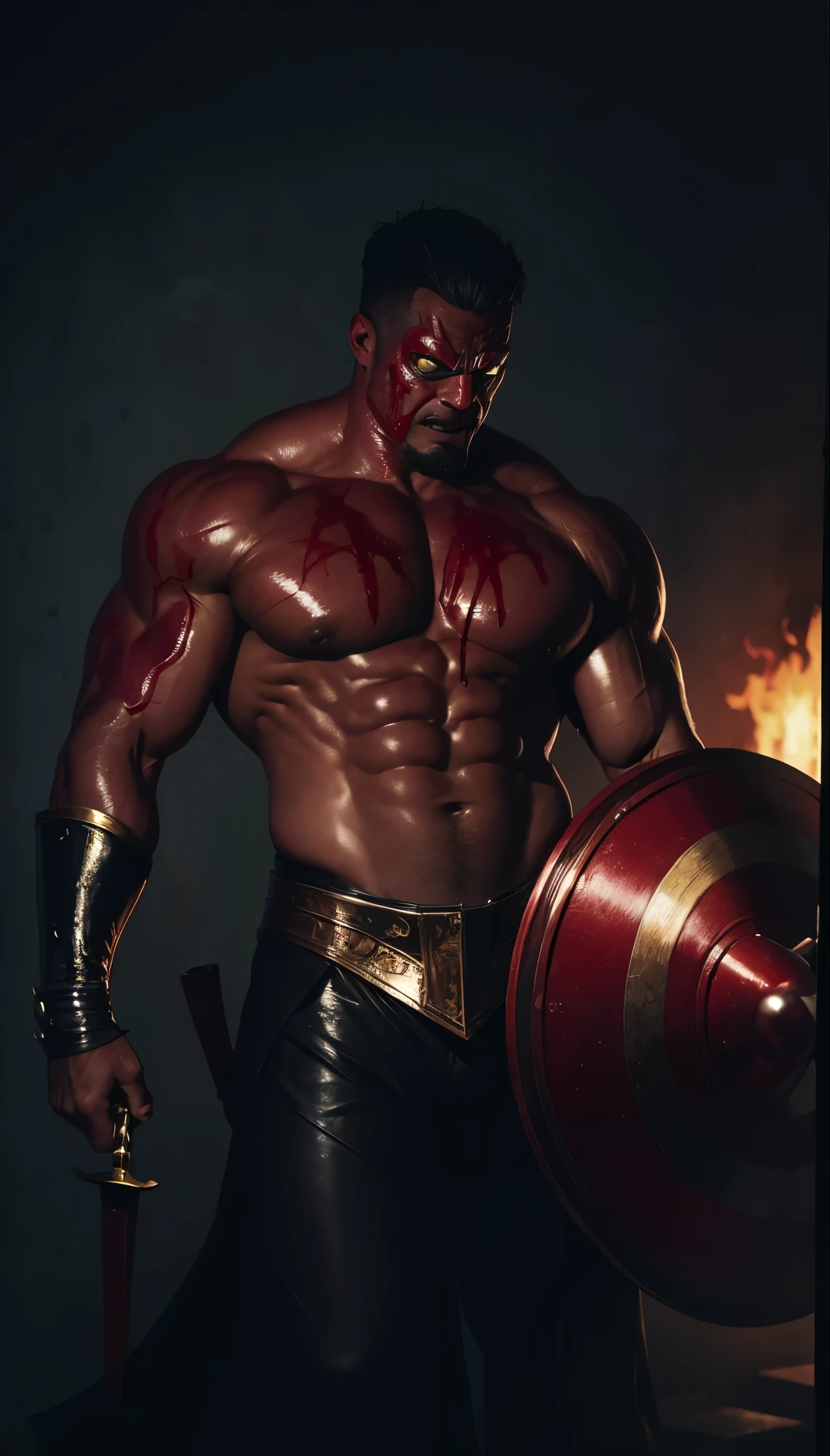 Muscular macho, wrestling mask, bloody devil mask, champion theme. Powerful body, sweating body. Heatwaves