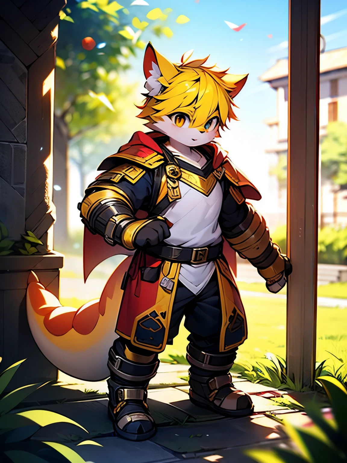 alone，strong，warrior，male，adult，golden dragon，golden hair，golden eyes，Full body orange armor，Metal wrist guard，Metal shin guards，confident expression，Determined gaze，Golden dragon tail，fighting stance，bright and lively eyes（A masterpiece）（high quality）（clear structure）（Extremely detailed background）（extremelydetailedcharacter），forthright