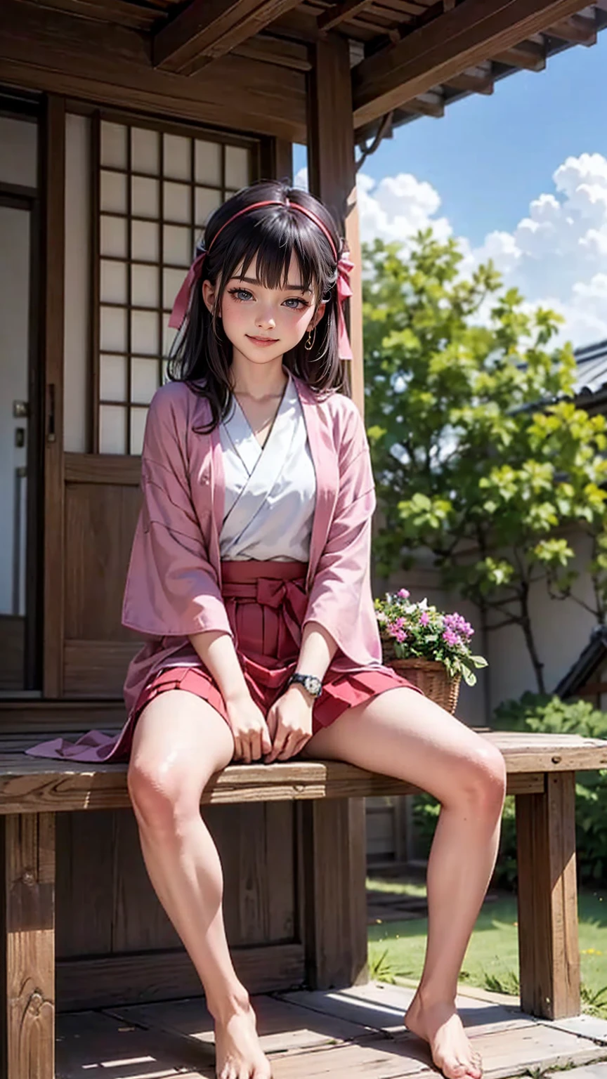 ((最high quality, 8K, masterpiece: 1.3, Ultra HD, high quality, 最high quality, High resolution, realism)) 、A stunningly beautiful 22-year-old Japanese woman、hair color is black、black eye、medium hair、straight hair、smile、Slender but well-proportioned muscular body、Athlete-like body type、I don&#39;t want my head to disappear from the screen.、Wearing accessories on your wrist、Wearing red nail polish、I have a peticure、Sitting on the veranda of a Japanese house in the Japanese countryside、It&#39;s summer、A wind chime is hung in front of the eaves.、barefoot、There is a basket full of tomatoes and carrots on the veranda.、The basket is made of woven bamboo strips、A courtyard spreads out in front of the verandah.、There is a well with a hand pump in the courtyard.、wear a yukata、smile((smile))、hair band((hair ribbon))
