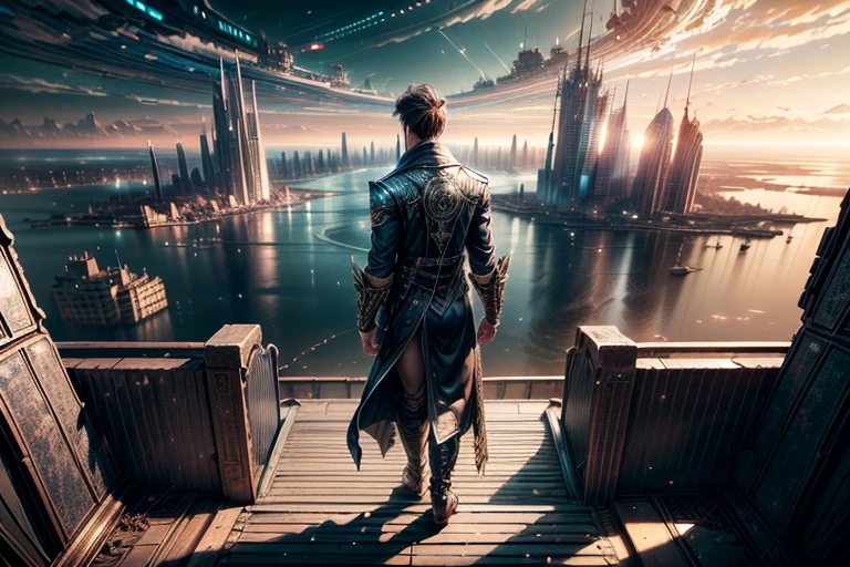 (8k unit wallpaper CG extremely detailed, masterpiece, best quality, ultra-detailed), (((solo)))), ((extremely wide shot:1.15)), a man on a bridge looking at a scifi city in the distance in the background, ((back view)), ((full body)), (high detail), (intricate details), intricate, magnificent scene, detailed environment, highly detailed environment, illustrator, (masterpiece).