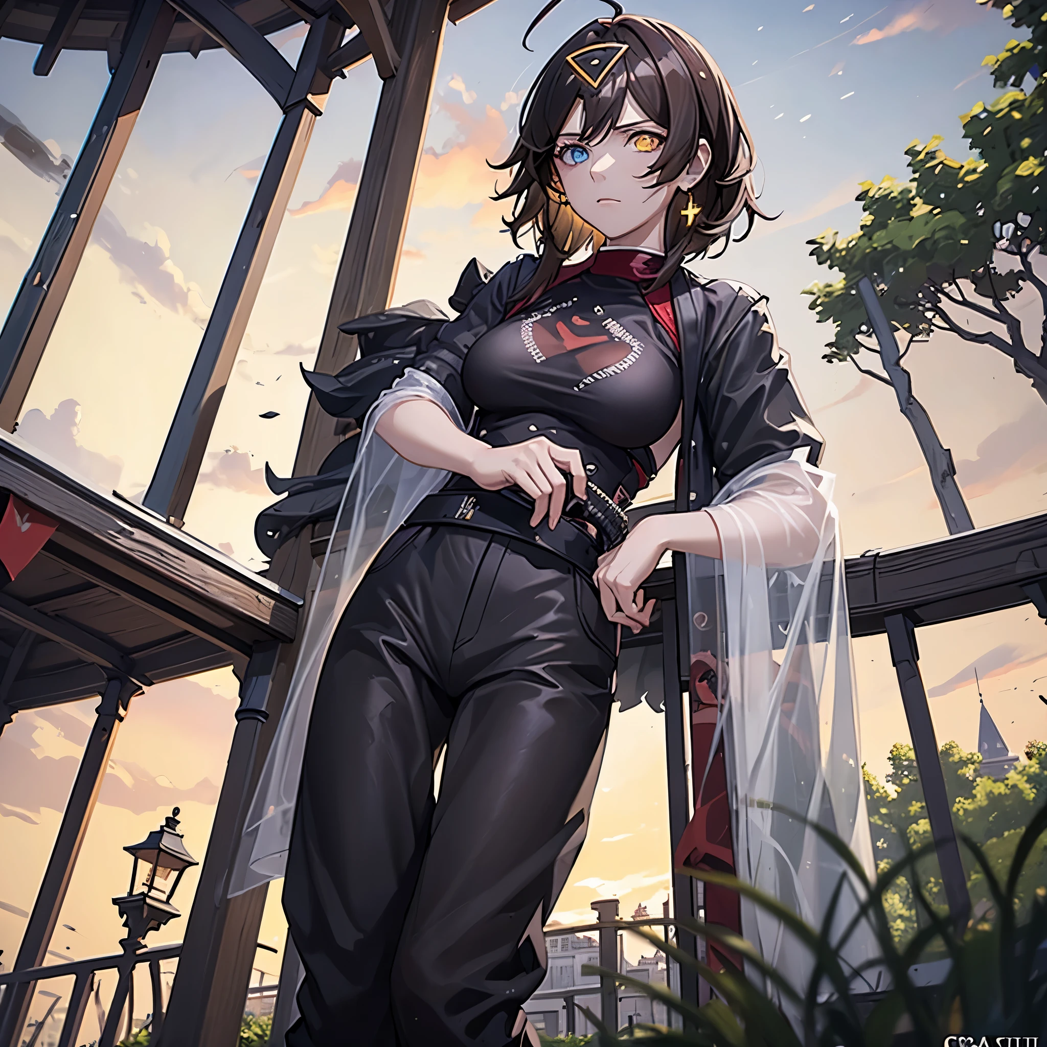 A woman with a red and black checkered t-shirt, wet black pants, dark brown hair, one blue eye, one yellow eye, in a gazebo, on a lawn, at night, a city in the background, holding a cell phone.,(just a girl, solo) ultra resolution, very detailed, HDR, masterpiece, 8K hd