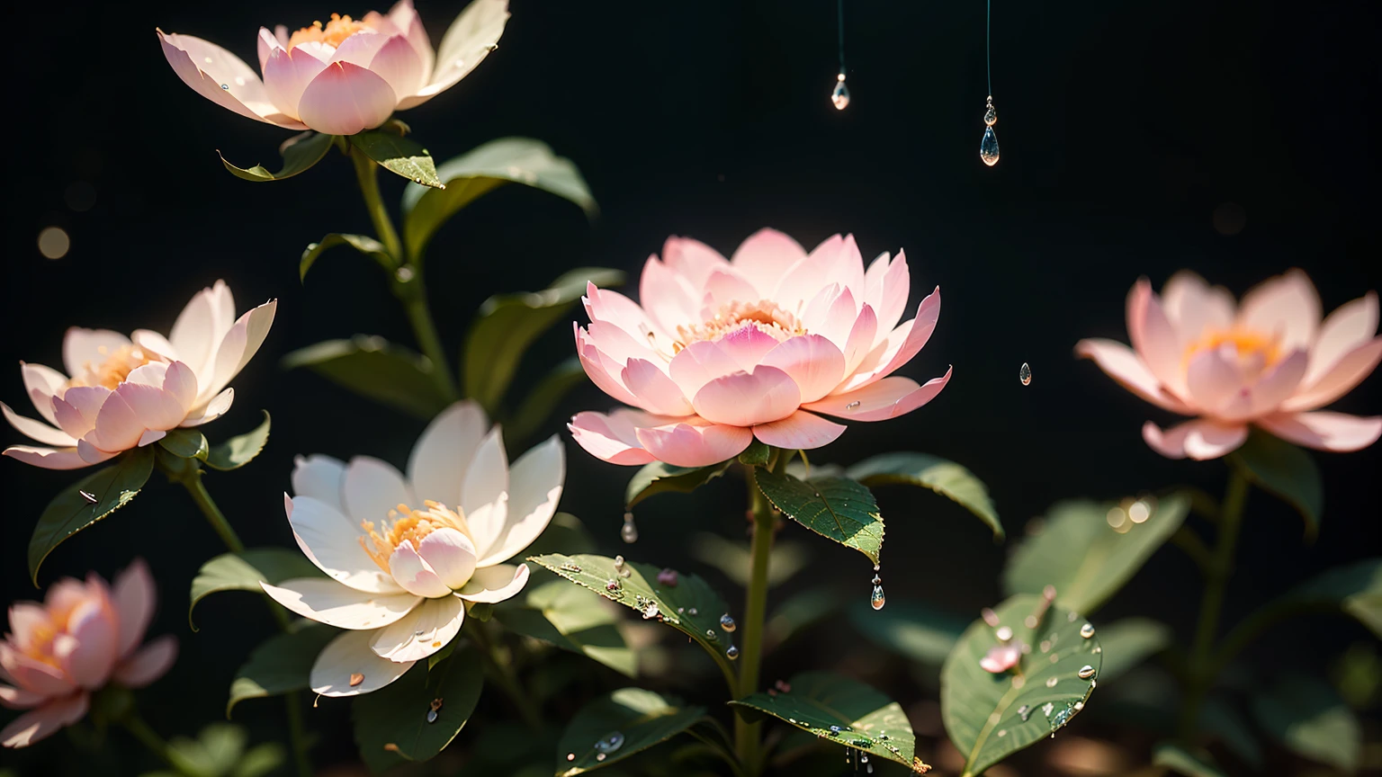 Divinely beautiful  microscopic world , Masterpiece , Macro photography , cobweb close up, film grain, chromatic aberration, neon bokeh , smoke , highly detailed, Bright sunny weather, microflowers, drops, blur, Peonies