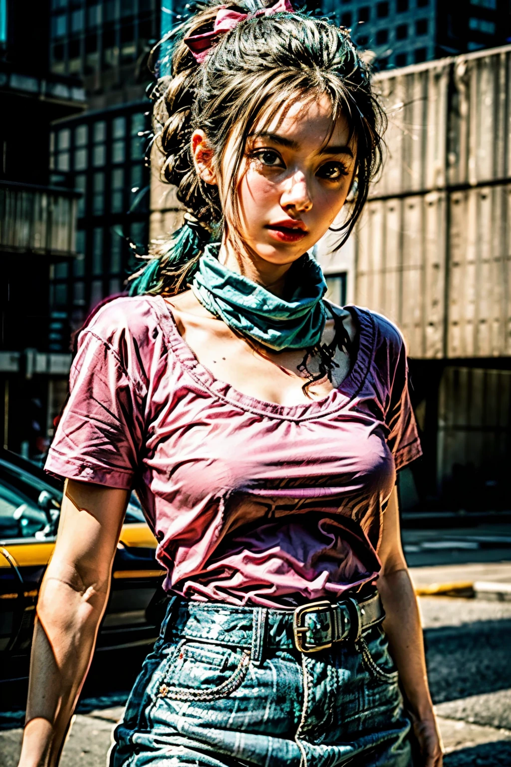 highest quality, masterpiece, ultra high resolution, Raw photo, beautiful and aesthetic,deep shadow, dark theme,(realistic:1.4),
Dragon Ball, Futebuteshi, aqua hair, hair ribbon, braided ponytail, pink shirt, belt, scarf, pink skirt, write clothes, brown gloves, medium breasts,
Elegant calm, exciting atmosphere, Magnetic Beings, sophisticated seduction, fascinating mystery,
intricate zentangle patterns, figure of a woman, amazing level of detail, generously given, portrait composition, impressive perspective, a chaotic masterpiece, Elegantly poised, Inspired by brutalist architecture, vibrant color palette, Undertone,