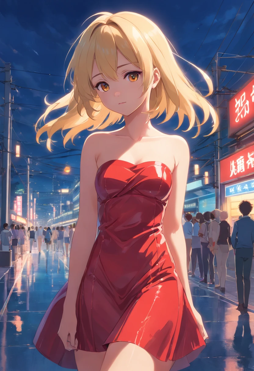 Blonde woman , ojos azules, strapless latex dress, rojo corto, de pie, cuerpo entero, botines rojos, piso mojado, noche parque