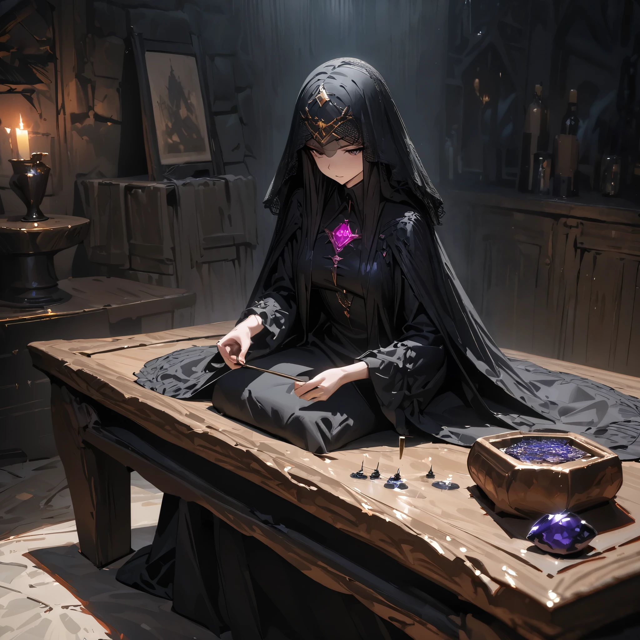 Interior of a dark witch's cottage, black magic witch, veiled, divining, thin, with a black cat at her side, sitting on a divining table, opposite an orcish officer, best quality, beautiful picture, extreme detail, masterpiece, cinematographic light, masterpiece, impasto