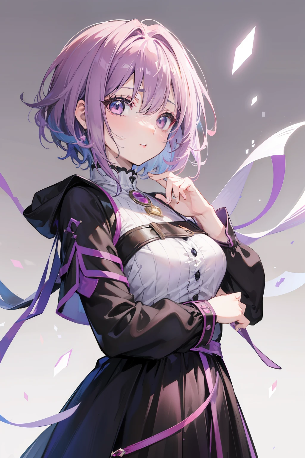 Anime character with short, striped hair, light purple hair color, rosy lips, and dark brown eyes wearing a black smock:

This enchanting anime figure boasts short, striped hair that gleams in the light, its hue gracefully cascading down to her shoulders. The hair is accessorized with a distinctive, stylish stripe running through the middle, adding an air of charm and individuality to her appearance. Her rosy lips pucker gently, evidently holding a secret or perhaps a fond memory close to her heart. Her eyes, richly cast in a warm, deep brown hue, reflect the depth of her thoughts and emotions. With an allure that is both capt