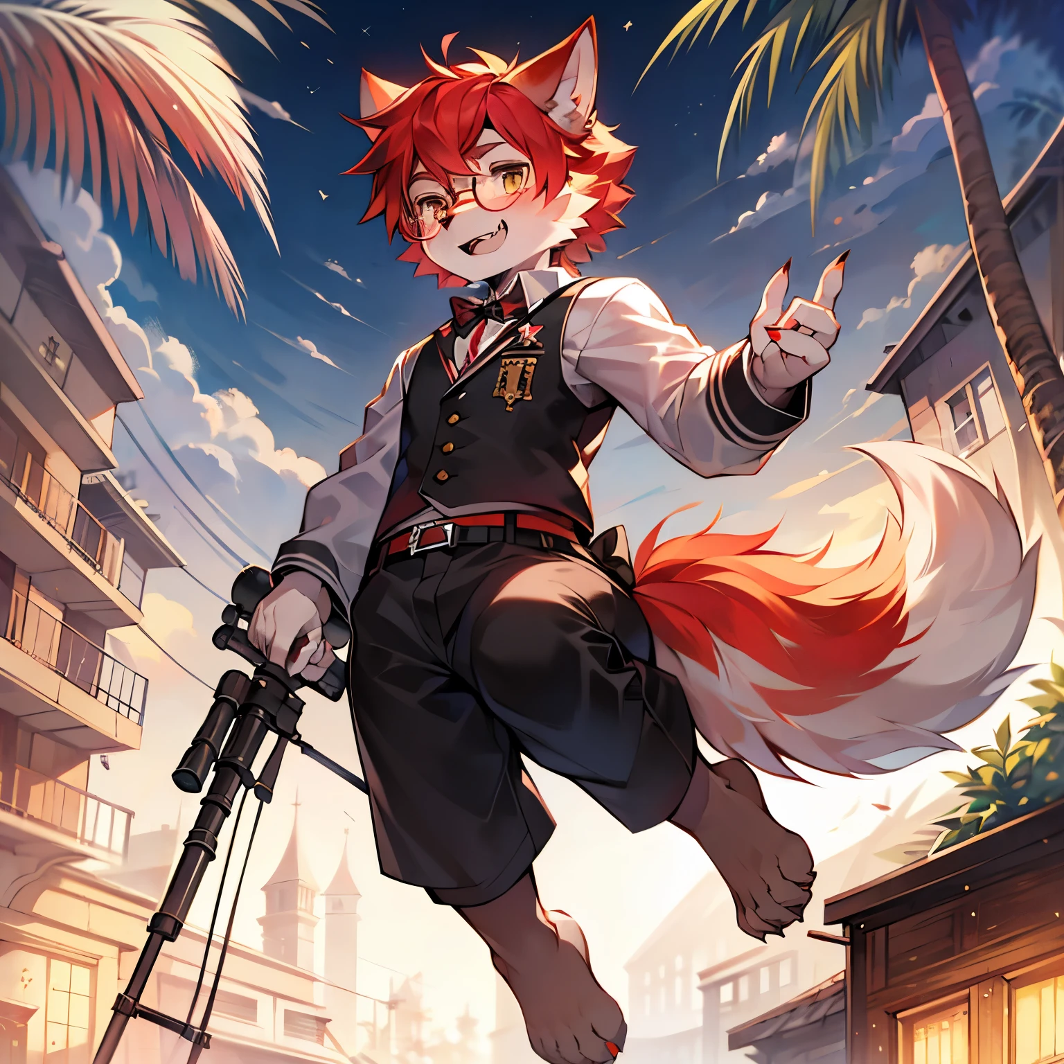 wear glasses,masterpiece, high quality, H, number \(artwork\), Cutting thick snacks, Yes,Kiyoyama,Red hair all over, male wolf,short hair,portrait, Bright Eyes,The eyes are gray,With black bow,white belly,The tip of the tail is white,White palms and soles,Palm White,Meatballs pink panorama,Character focus.(Detailed background:0.7),alone,hairy,hairy male ,male focus,Hana Charcoal,(Full body fur, hairy tail, red fur,),long canine teeth,uniform,sniper rifle