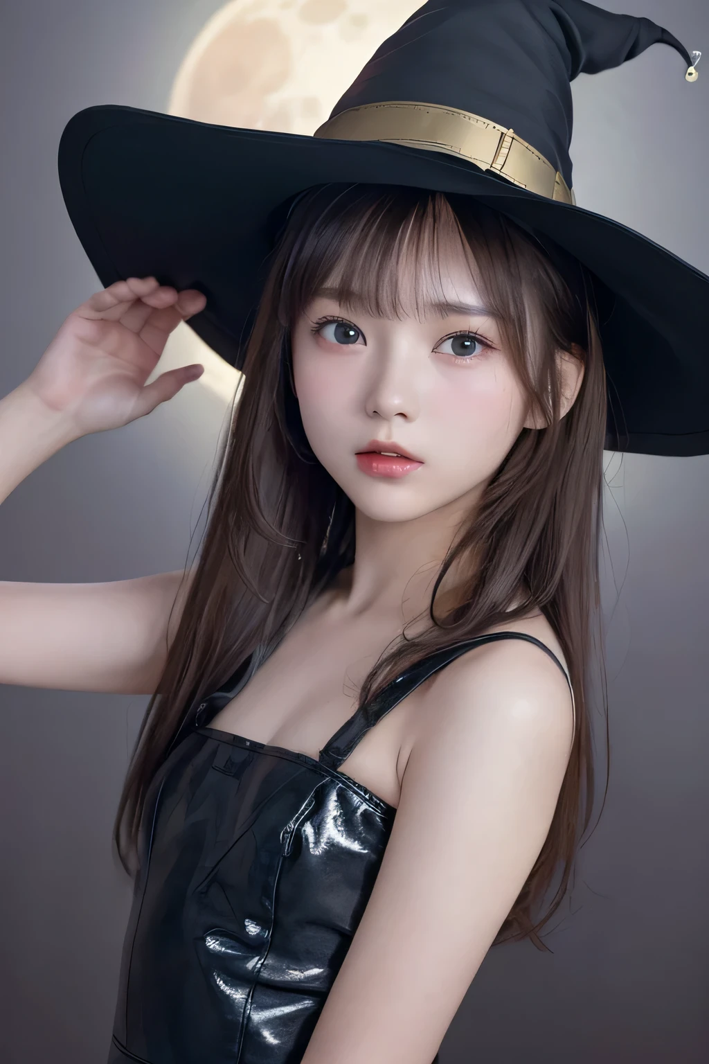 (8K、masterpiece, highest quality, High resolution,super resolution,Super detailed)、1 girl、(************)、round face、slim、(flat body:1.45)、cute、 (close up face shot:1.23)、witch、witch hat、night、Very big moon background、