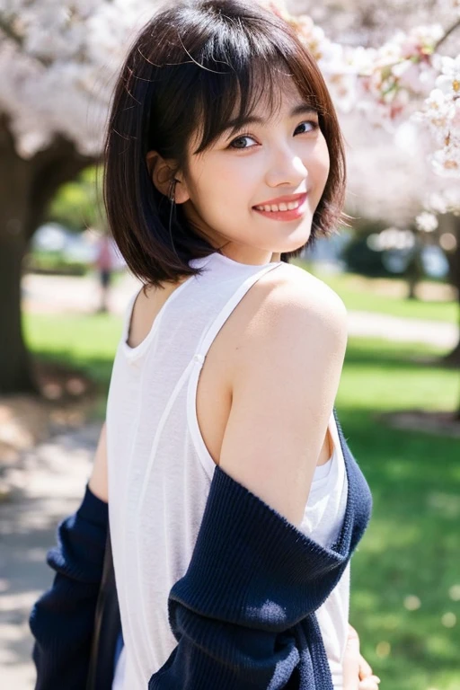 woman,short bob,black hair, (realistic), (hyper realism), (photorealistic), Depth of the bounds written, eye make up:0.0 (Upper body:1.2), (tight waist:0.7), looking at the viewer,smiling,navy blue cardigan,white t-shirt,A park with cherry blossoms,
