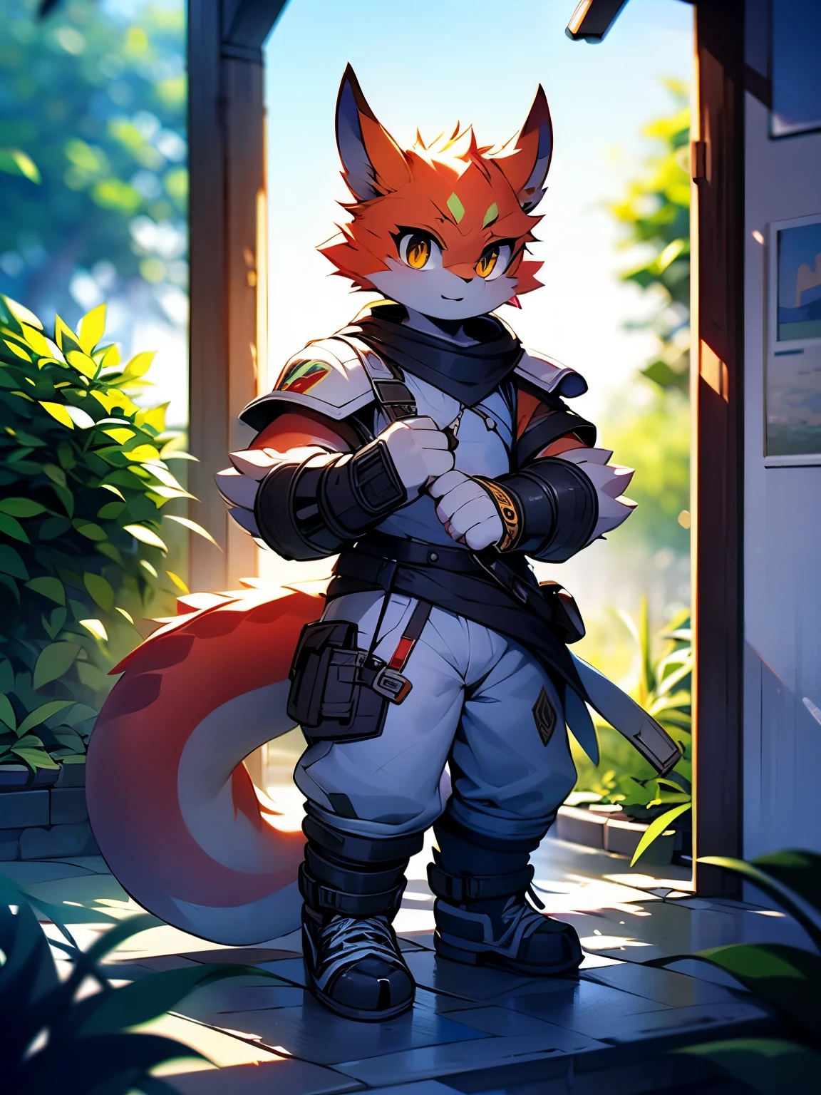 alone，strong，warrior，male，adult，golden dragon，golden eyes，Full body white armor，Metal wrist guard，Metal shin guards，fighting stance，Golden dragon tail，bright and lively eyes（A masterpiece）（high quality）（clear structure）（Extremely detailed background）（extremelydetailedcharacter），forthright