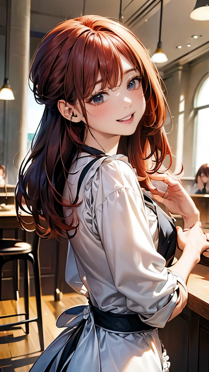 A breathtaking masterpiece、Filmed in breathtaking 8K resolution、The portrait is exquisitely painted、It&#39;s real.。The scene is bathed in HDR light..、It depicts a beautiful woman in the middle distance.、((chignon:1.8、straight hair、redhead:1.4))、medium breasts、high school girl、(Cafe:1.4)、((blouse、The apron is beautiful、Store logo included、We welcome our customers with a bright smile。))、(Arched back pose)、Her hands were placed gently on her head、blush、She exudes an aura of grace and charm.