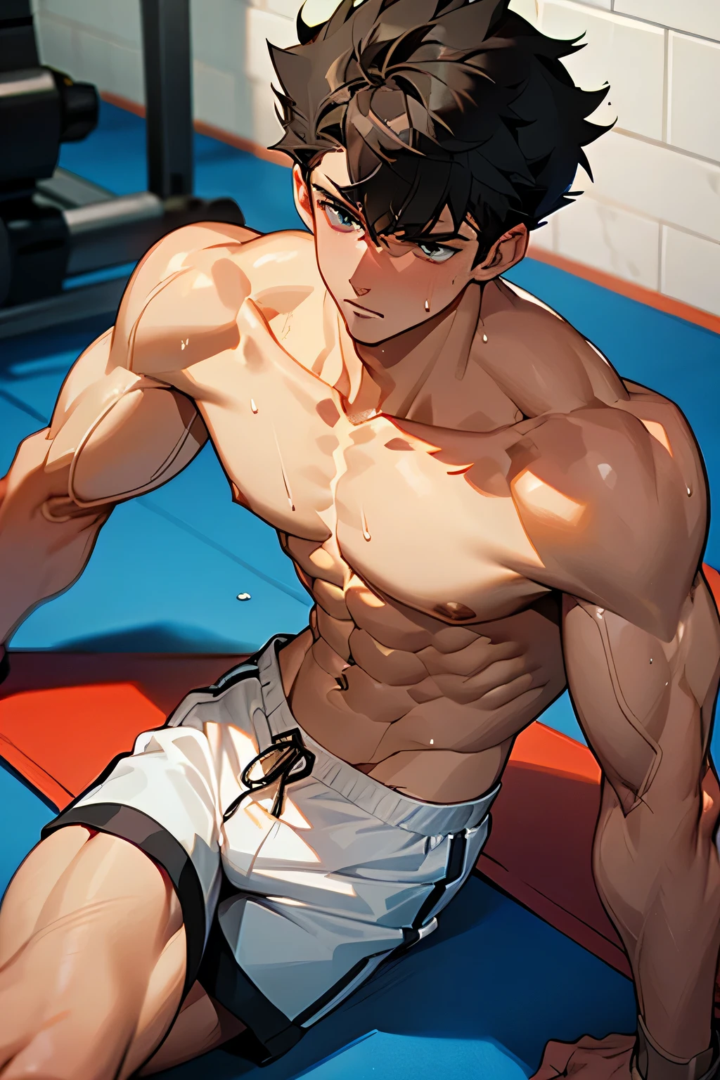 shirtless, super muscular, sweat-drenched body, 22-year old short black hair handsome caucasian male wearing white gym shorts, resting on the floor, sweating in the gym