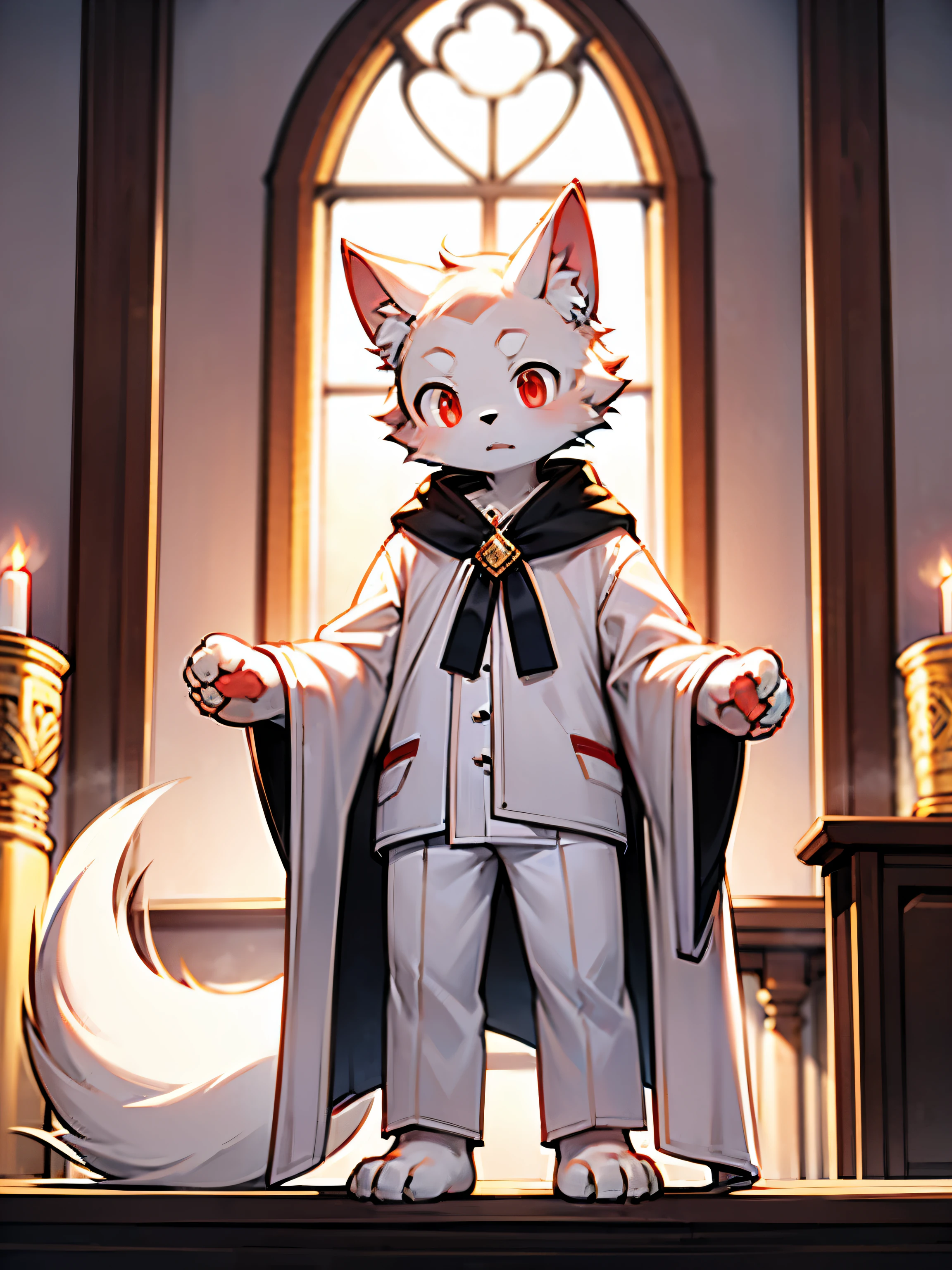 alone，mage，male，youth，white wolf，Black and white hair，red eyes，white robe，Gold diamond pattern，White trousers，white plush paws，serious expression，White stuffed tail，mystery，powerful，bright and lively eyes（A masterpiece）（high quality）（clear structure）（Extremely detailed background）（extremelydetailedcharacter）