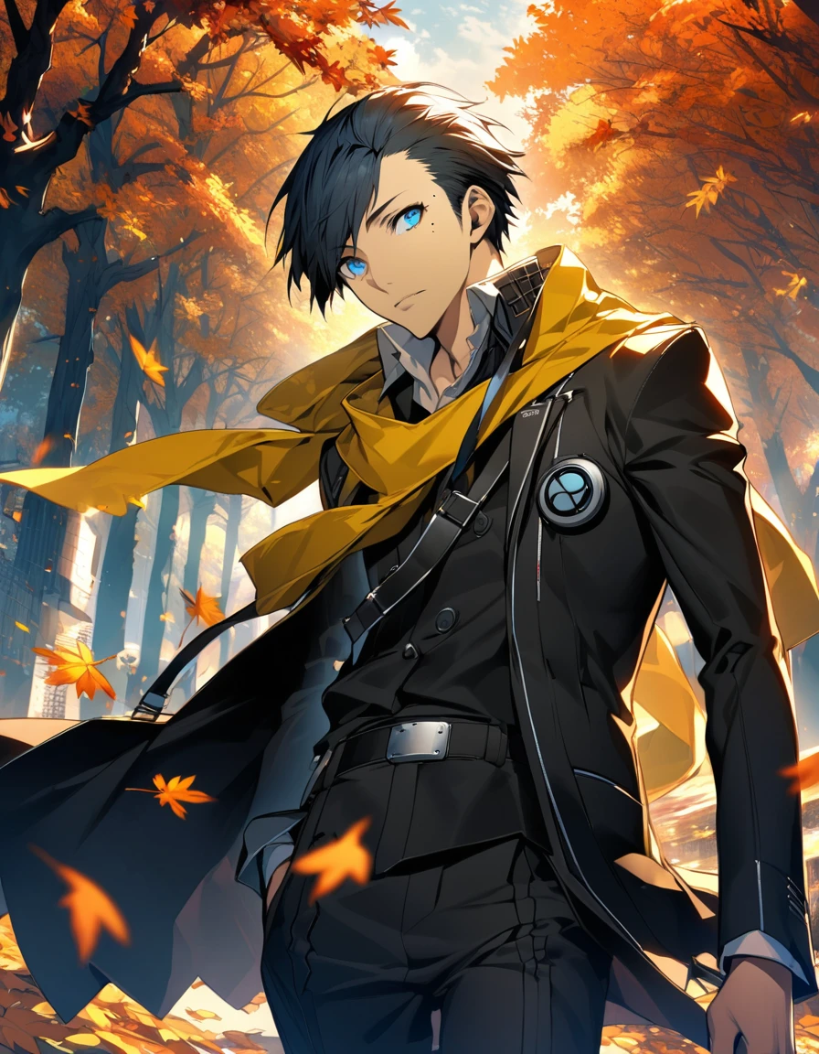 Ultra detailed, Highres, absurdres, HDR, Mochizuki Ryoji, black swept back hair, blue eyes, mole under his eye, Persona 3, yellow scarf with black patterns, orange leaves, autumn, black pants, handsome, 1 man only,