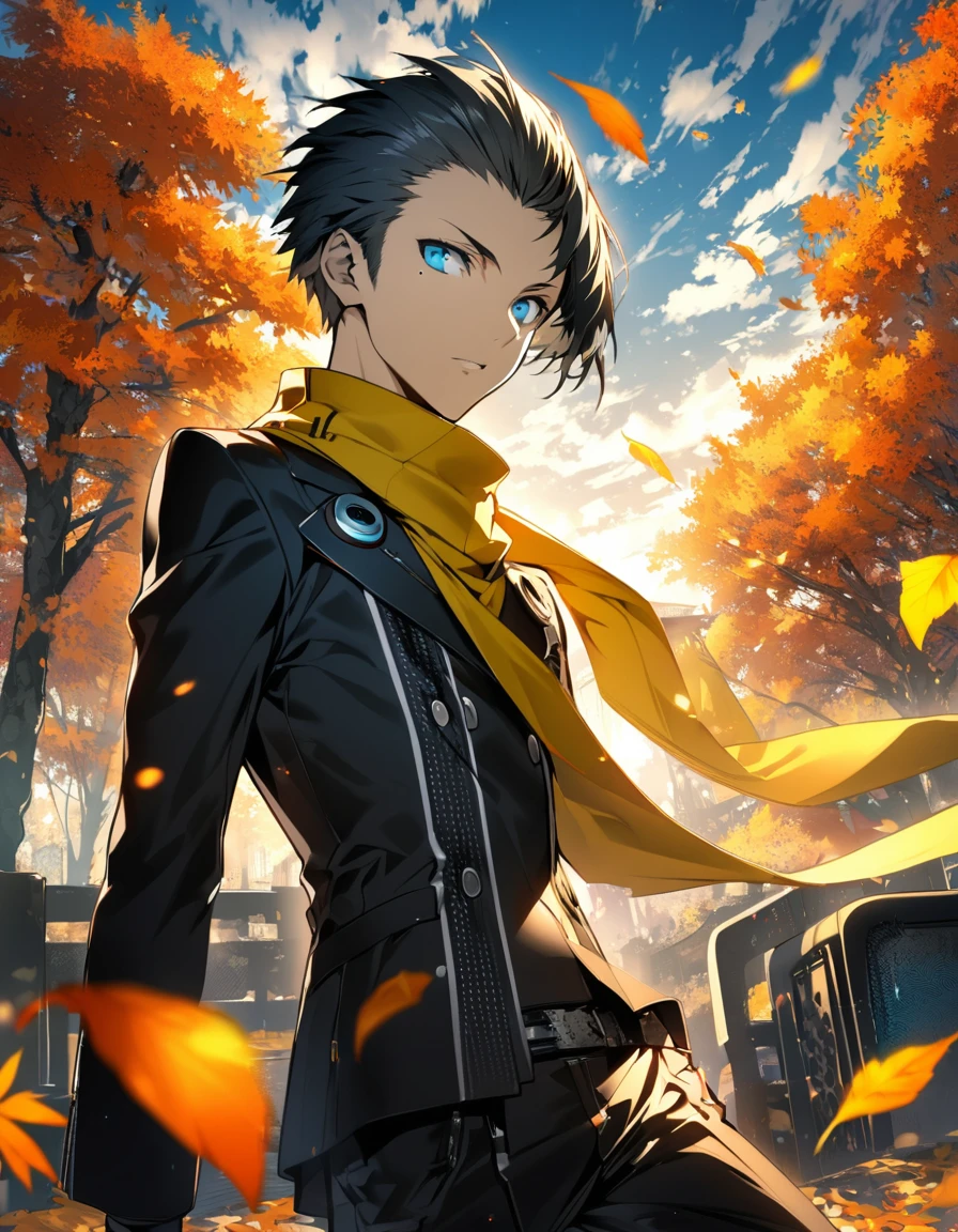 Ultra detailed, Highres, absurdres, HDR, Mochizuki Ryoji, black swept back hair, blue eyes, mole under his eye, Persona 3, yellow scarf with black patterns, orange leaves, autumn, black pants, handsome, 1 man only,