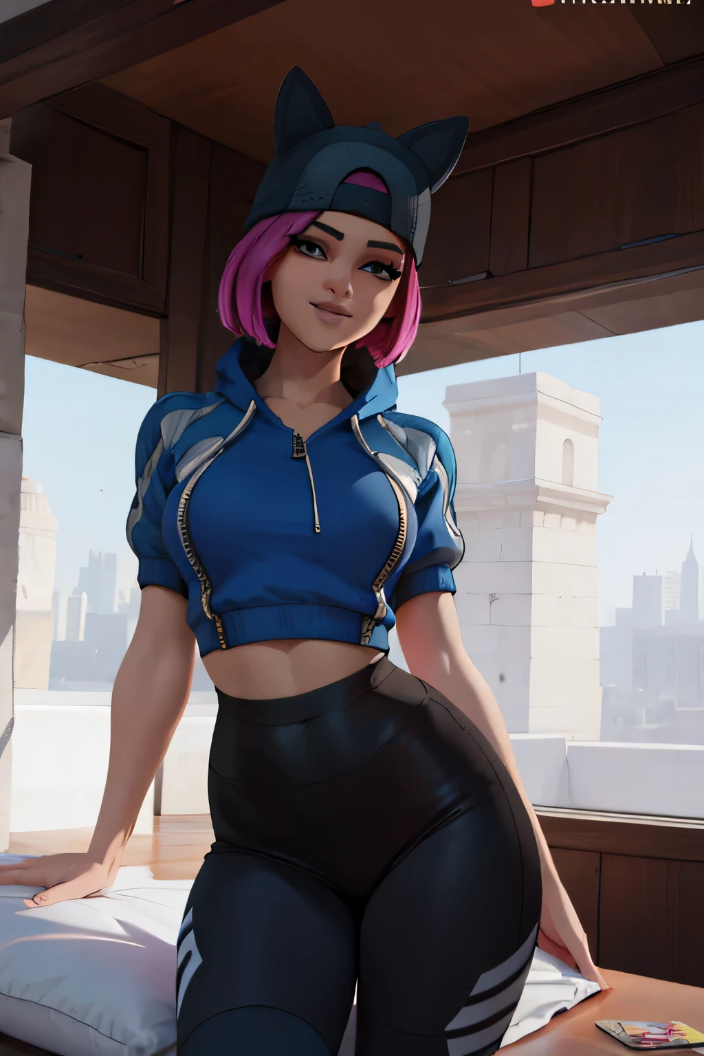 1 chica, (obra maestra), (Mejor calidad), de pie, (solo), mirando al espectador, alto detallado,Extremadamente detallado, Ojos finos, sonrisa,dynamic pose, pelo corto rosa,gorra,top corto, chaqueta,guante sin dedos,con curvas,bosque,anteojos,(leggins grises),(retrato:1.2),