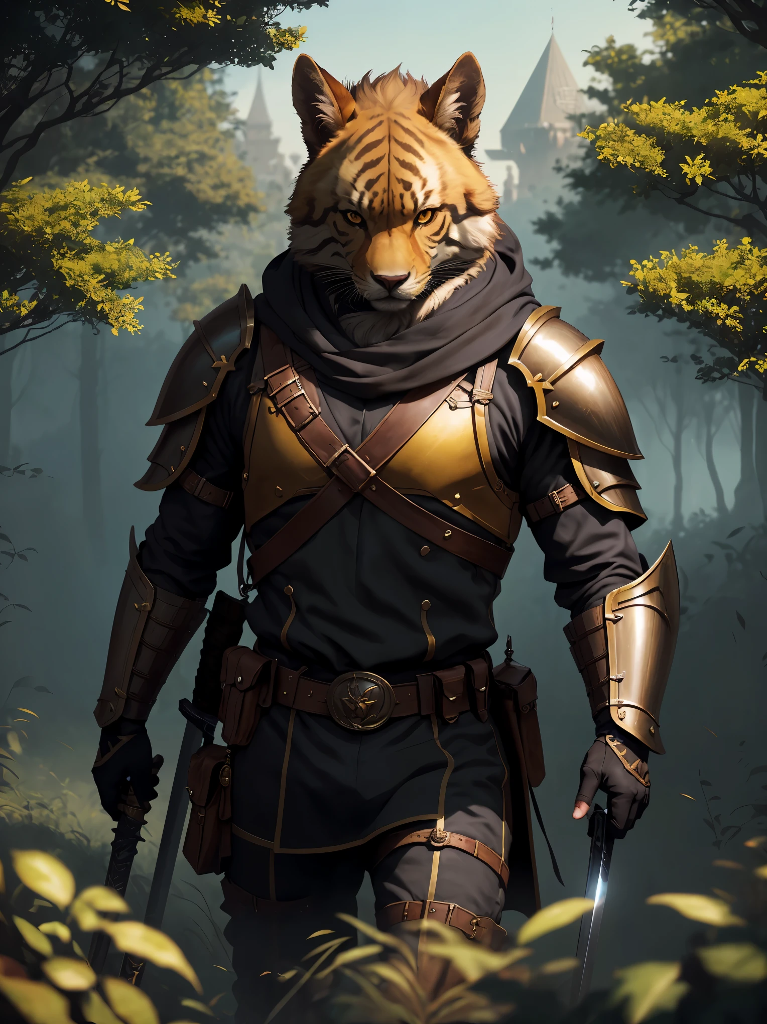 A 蜜蜂 knight in middle Ages armor holding a long sword, Determined gaze, With an ancient castle and lush forest as the background. Moderate: illustration, Moderate: 3D rendering, (best quality,4K,8K,high resolution,masterpiece:1.2),Super detailed,(actual,photoactual,photo-actual:1.37), high dynamic range, studio lighting, extremely detailed description, bright colors, sharp focus. Art style: fantasy, middle Ages, animal, action. tone: dark, 泥土tone. light: dramatic, Emphasize shadows and highlights.