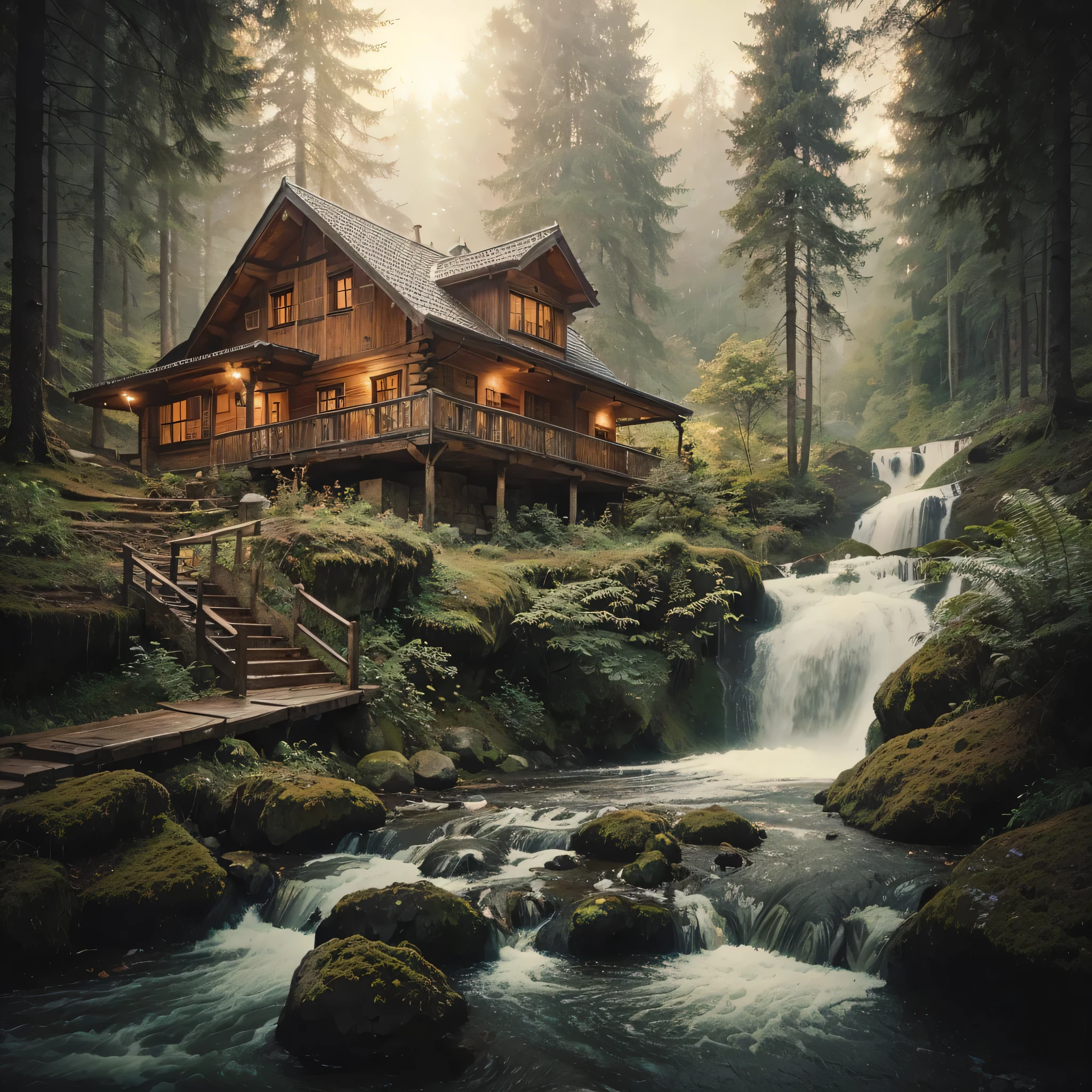 Photography, wooden house in a forest, beautiful waterfall atmosphere