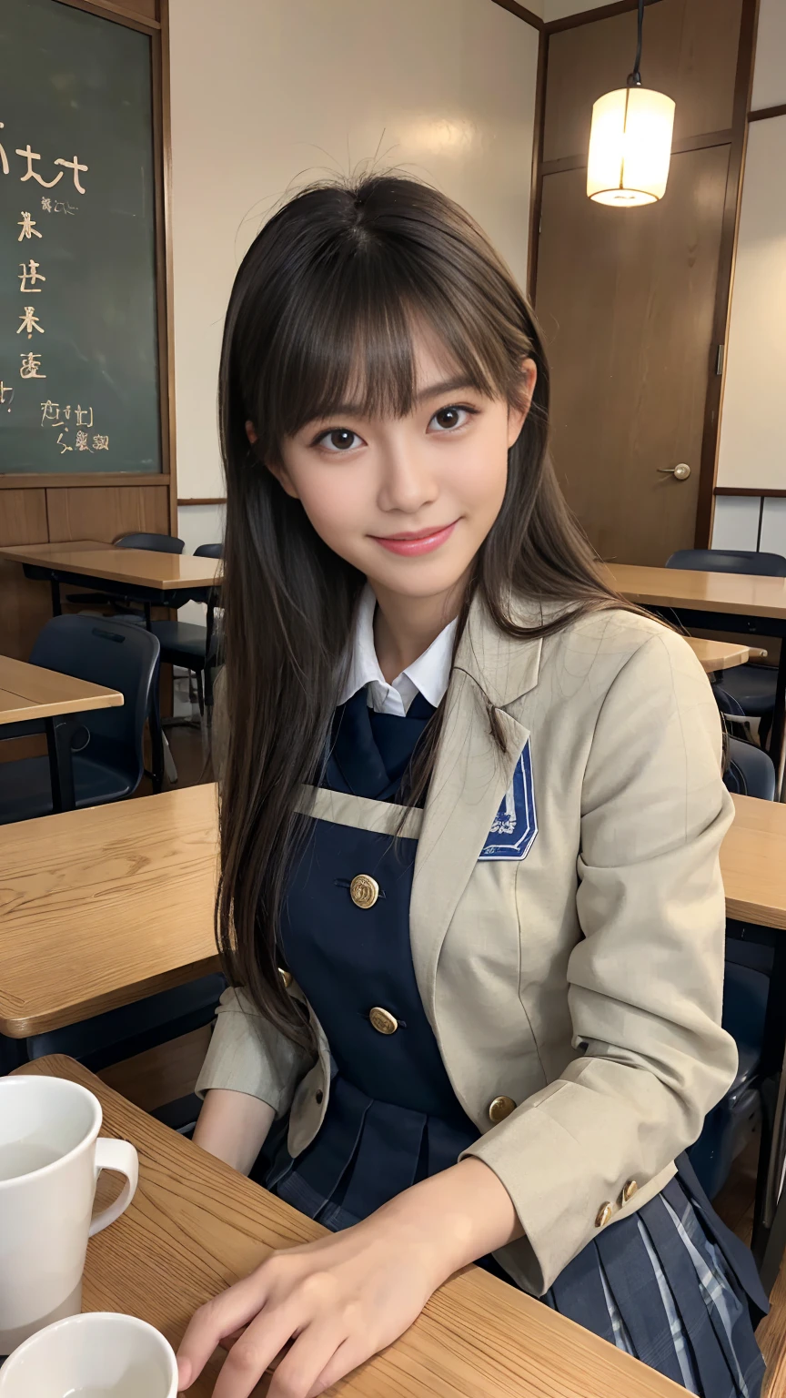 Ulchan-6500-v1.1, (Raw photo:1.2), (Photoreal:1.4), beautiful detailed girl, very detailed目と顔, beautiful and fine eyes, huge file size, High resolution, very detailed, highest quality, masterpiece, ((Japanese girls' high school uniform:1.5)), very detailed, cg, 8k wallpaper, grow, finely, highest quality, Hvery detailed cg uniforms、 light shines on your face、movie lighting、18 year old girl、Idol、世界美少女ランキング上位thin脚、ponytail、extraordinary beauty、cute face、best smile、cute smile、frontage、thin、straight hair、School、fashionable、nostalgic、(city pop style、Inside a Nordic cafe、alone、table seat、white headphones、Listen to music 1.3)、