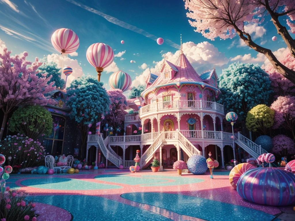 (best quality,4k,8k,highres,masterpiece:1.2),ultra-detailed,(realistic,photorealistic,photo-realistic:1.37),colorful, bright, surreal, vibrant, candy-coated, dreamlike, whimsical, candy-covered trees, swirling cotton candy clouds, sugary rivers, gumdrop mountains, lollipop flowers, ice cream castles, chocolate fountains, sparkling candy caves, enchanted gingerbread houses, candy canes, jelly beans, cheerful, joyous, happy children playing and laughing in the candy-filled wonderland, magical, fantastical, fairytale-like, sugar rush, fantastical creatures made of sweets and candies, vibrant rainbow colors, fantastical carousel, candy-themed roller coaster, sugar-spun spiderwebs, candy clouds, colorful swirls, sugar crystals glistening in the sun, bubblegum pink skies, glowing neon lights, glowing sugar, candy magic in the air.