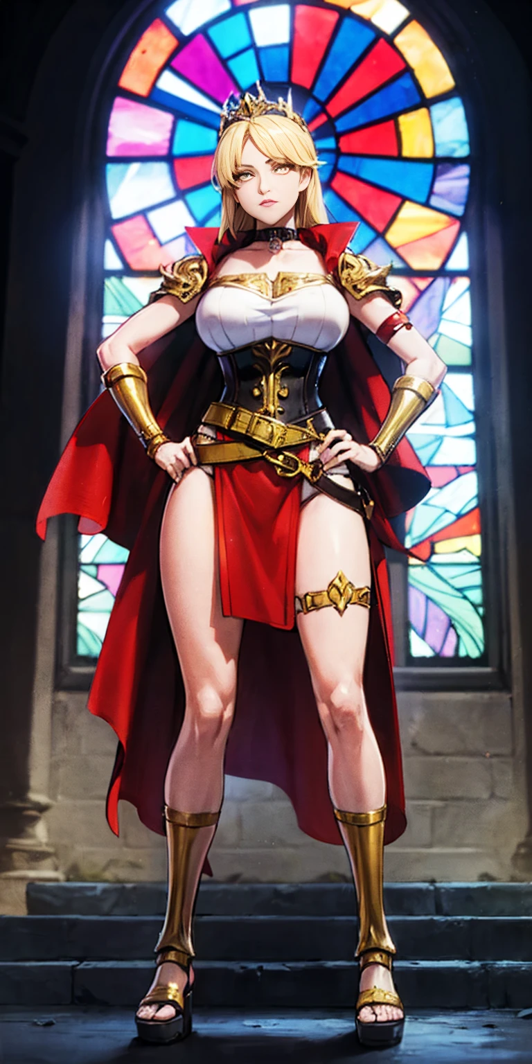 paladin lady in ornate golden armor, black collar, pauldrons, breastplate, corset, glowing halo, single braid, blonde, yellow glowing eyes, bright pupils, eye focus, red cape, temple indoors, stained glass windows, night, moonlight, particles, light beam, chromatic aberration, (full body, whole body. 1solo (girl). slave fighter, loincloth standing, hands on hips full body, whole body. 1solo (girl). slave fighter, loincloth standing, hands on hips, metal sandals, backpack, choker, big belt, view from below, feet together, bracers, tiara)