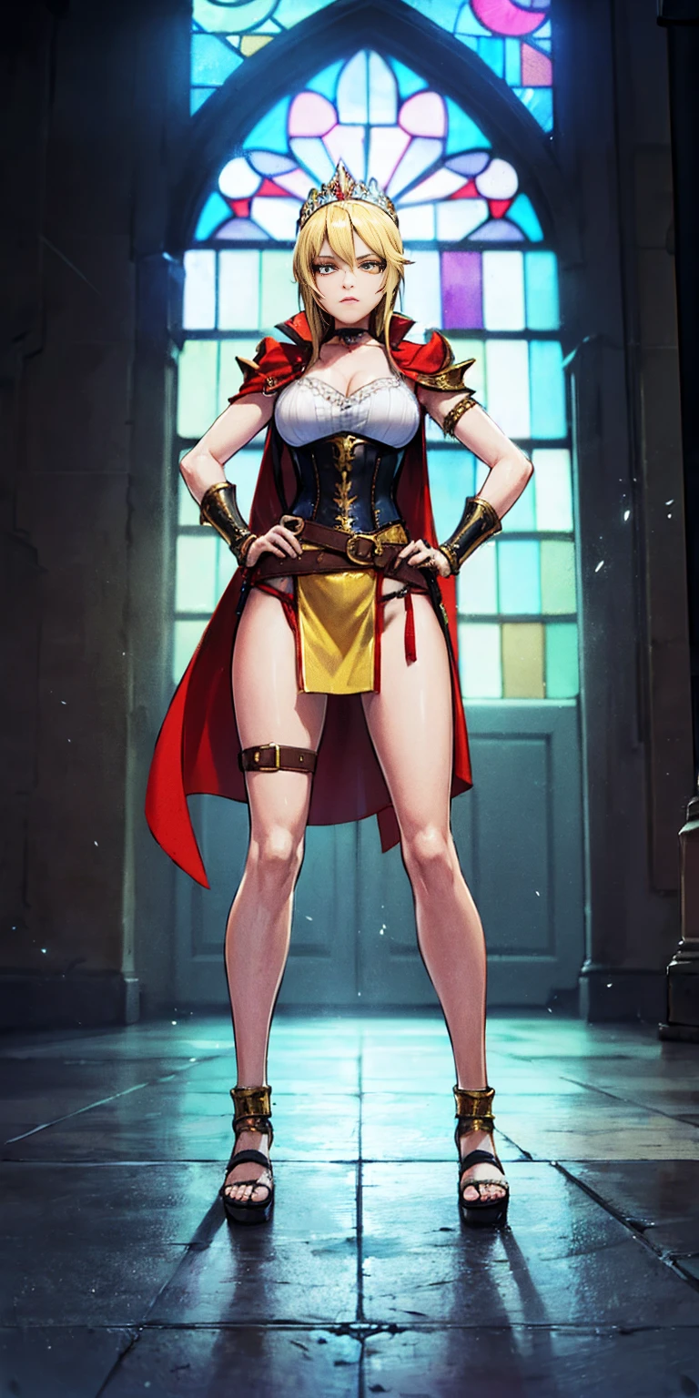 paladin lady in ornate golden armor, black collar, pauldrons, breastplate, corset, glowing halo, single braid, blonde, yellow glowing eyes, bright pupils, eye focus, red cape, temple indoors, stained glass windows, night, moonlight, particles, light beam, chromatic aberration, (full body, whole body. 1solo (girl). slave fighter, loincloth standing, hands on hips full body, whole body. 1solo (girl). slave fighter, loincloth standing, hands on hips, metal sandals, backpack, choker, big belt, view from below, feet together, bracers, tiara)