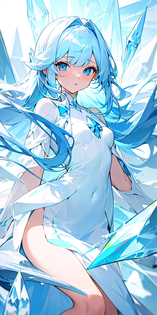 (masterpiece, best quality) 1girl with light blue long hair, crystal blue eyes wearing an white dress and surround by ice 