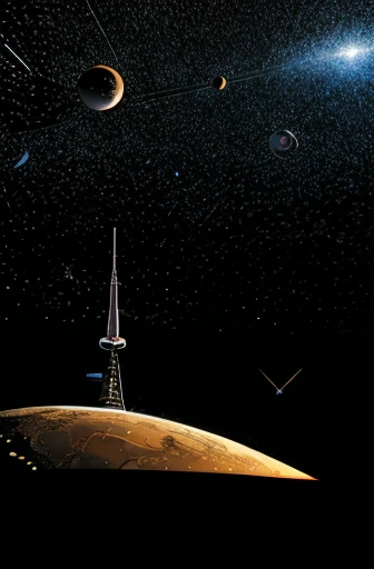 Sputnik 1 fall. Futuristic. Best quality and highly professional design. Cyberspace. UltraHD. 8k. High resolution. Dark tones. Universal galactic constellation.