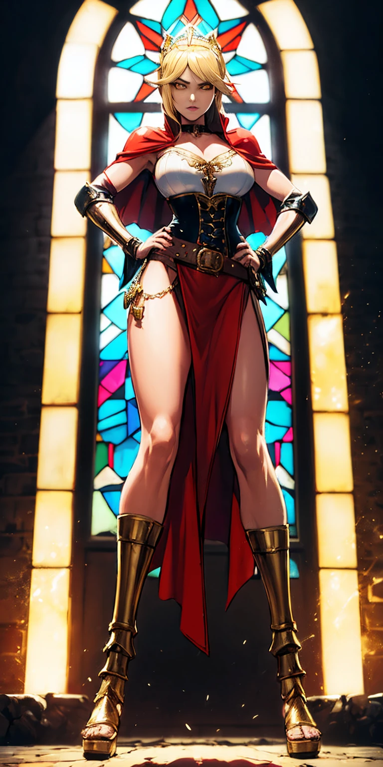 paladin lady in ornate golden armor, black collar, pauldrons, breastplate, corset, glowing halo, single braid, blonde, yellow glowing eyes, bright pupils, eye focus, red cape, temple indoors, stained glass windows, night, moonlight, particles, light beam, chromatic aberration, (full body, whole body. 1solo (girl). slave fighter, loincloth standing, hands on hips full body, whole body. 1solo (girl). slave fighter, loincloth standing, hands on hips, metal sandals, backpack, choker, big belt, view from below, feet together, bracers, tiara)