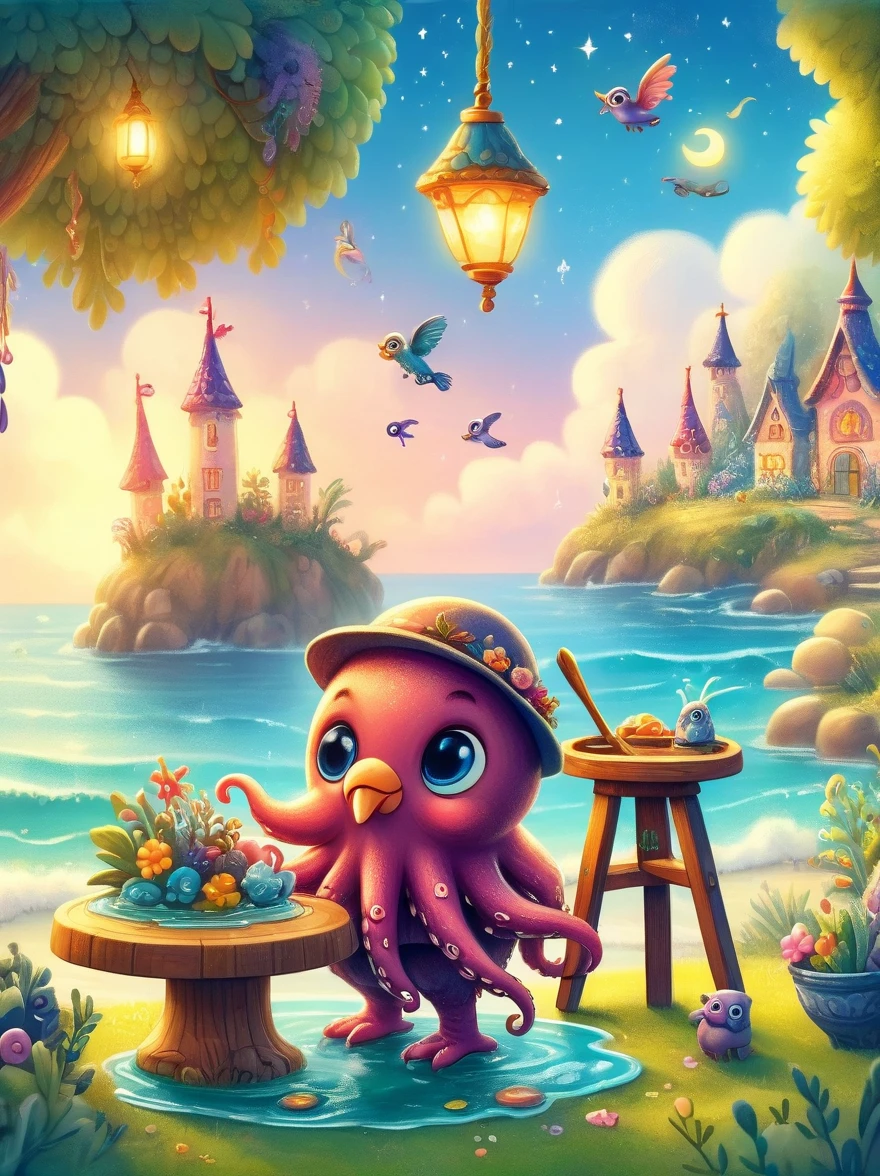 Photos with tilt-shift effect, Selective focus, Miniature effects, Very detailed, bright, View control, Naturally tilted pictures (Whimsical sense of art), charming additional fluffy, Cute little octopus wearing a hat, ((He painted a still life on his easel, brush, sea view)), magic, macro photography, (charming: 1.3), (luminescent: 1.2), (huge flora: 1.1), mystery, vivid photography, flashing light, Preoccupied, Bizarre, Disturbing, soft focus, Overly detailed digital art