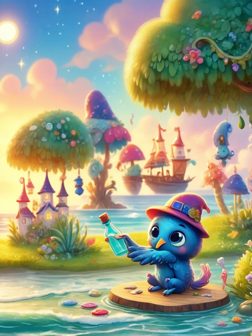 Photos with tilt-shift effect, Selective focus, Miniature effects, Very detailed, bright, View control, Naturally tilted pictures (Whimsical sense of art), charming additional fluffy, Cute little octopus wearing a hat, ((He painted a still life on his easel, brush, sea view)), magic, macro photography, (charming: 1.3), (luminescent: 1.2), (huge flora: 1.1), mystery, vivid photography, flashing light, Preoccupied, Bizarre, Disturbing, soft focus, Overly detailed digital art