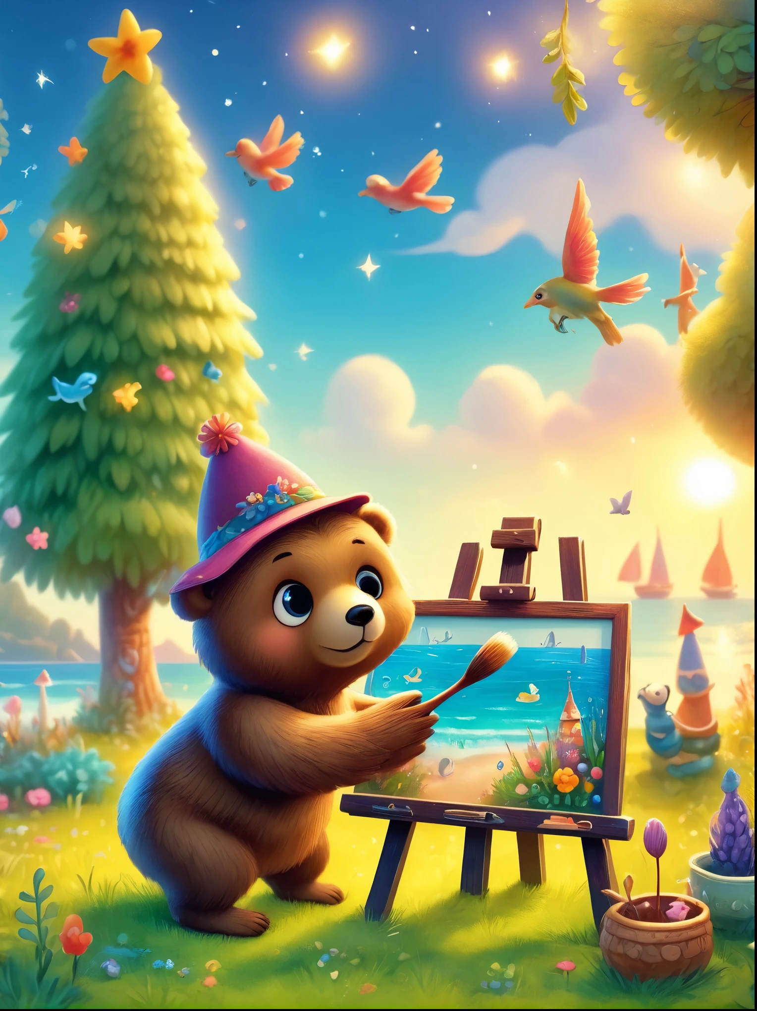 Photos with tilt-shift effect, Selective focus, Miniature effects, Very detailed, bright, View control, Naturally tilted pictures (Whimsical sense of art), charming additional fluffy, Cute little bear wearing a hat, ((He painted a still life on his easel, brush, sea view)), magic, macro photography, (charming:1.3), (luminescent: 1.2), (huge flora: 1.1), mystery, vivid photography, flashing light, Preoccupied, Bizarre, Disturbing, soft focus, Overly detailed digital art