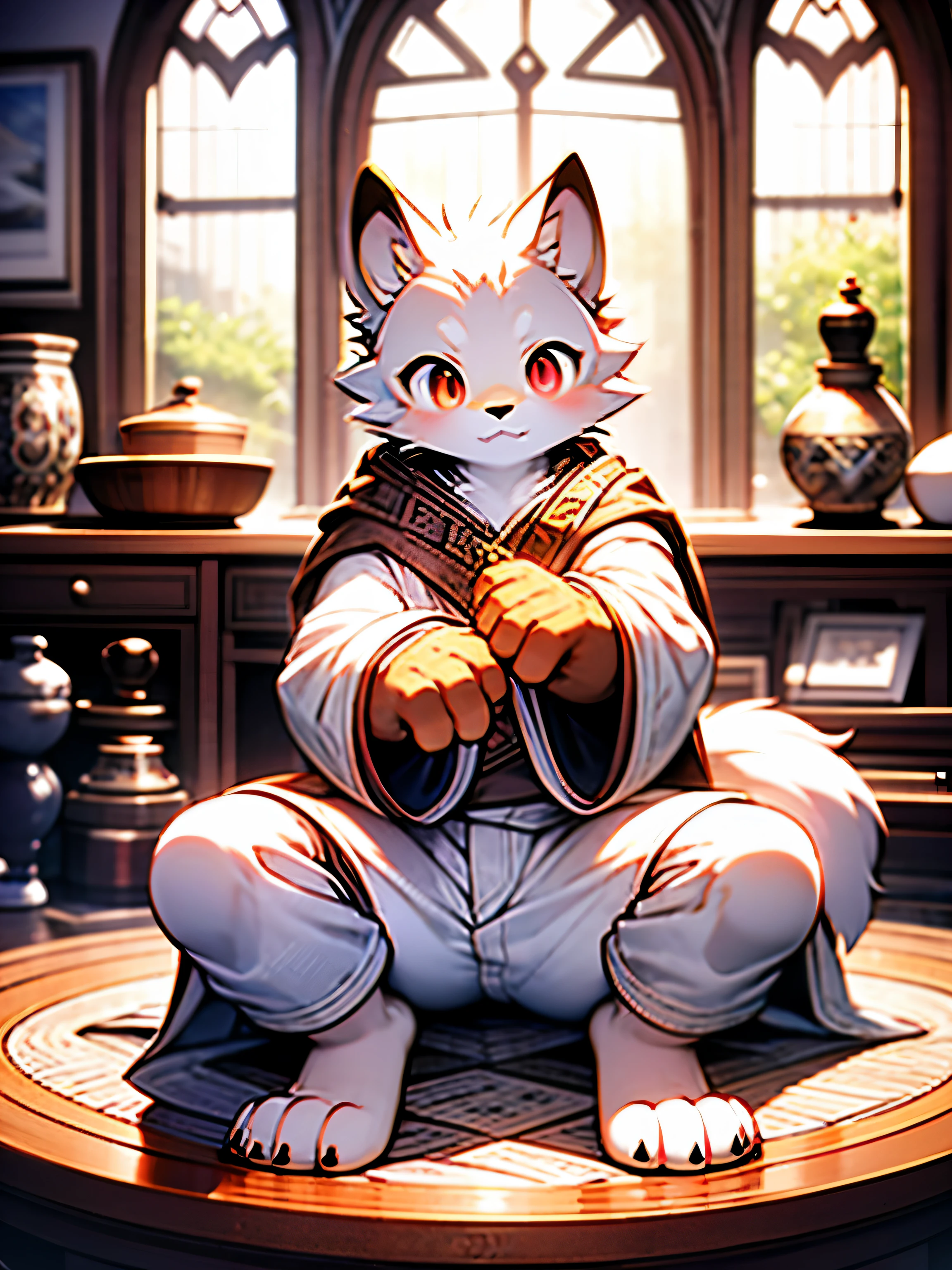 alone,mage,male,adult,white wolf,Black and white hair,red eyes,white robe,Gold diamond pattern,White trousers,white plush paws,serious expression,White stuffed tail,mystery,powerful,bright and lively eyes(A masterpiece)(high quality)(clear structure)(Extremely detailed background)(extremelydetailedcharacter)