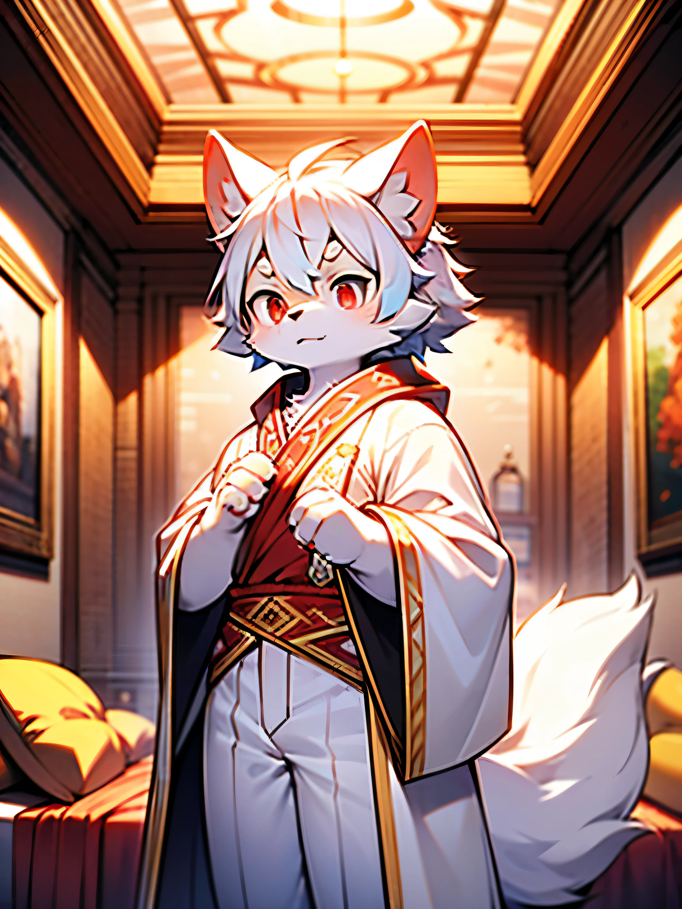 alone,mage,male,adult,white wolf,Light blue and white hair,red eyes,white robe,Gold diamond pattern,White trousers,white plush paws,serious expression,White stuffed tail,mystery,powerful,bright and lively eyes(A masterpiece)(high quality)(clear structure)(Extremely detailed background)(extremelydetailedcharacter)