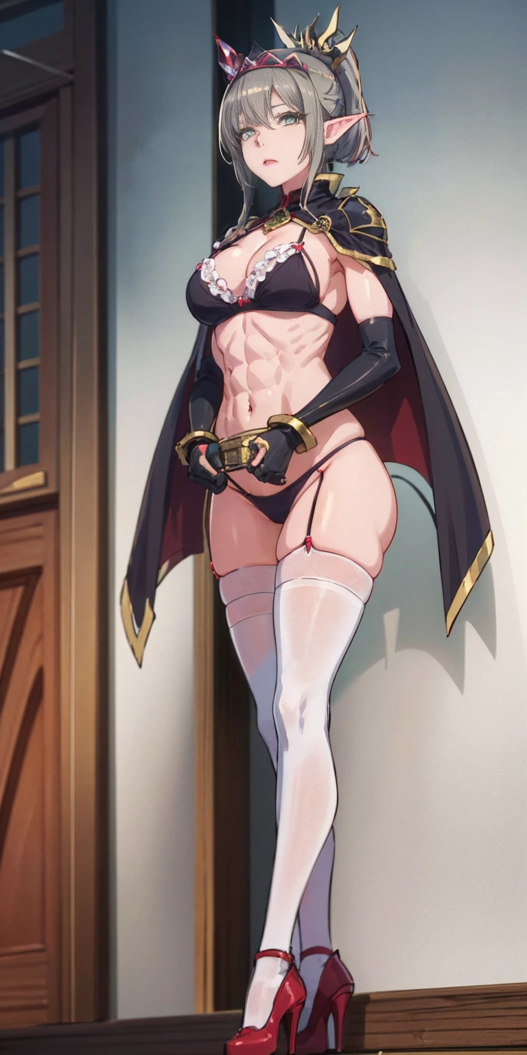 extremely long hair , ponytail, perfect anatomy 1 girl tall solo, slim thick, ((muscular)) high elf toned body, silver breast plate, blue cape, slender abs, hourglass waist, detailed face, defined cheekbones, puffy lips, gauntlets, gold crown, shadow over eyes, looking at viewer, masterpiece, white thigh highs lingerie, high heels