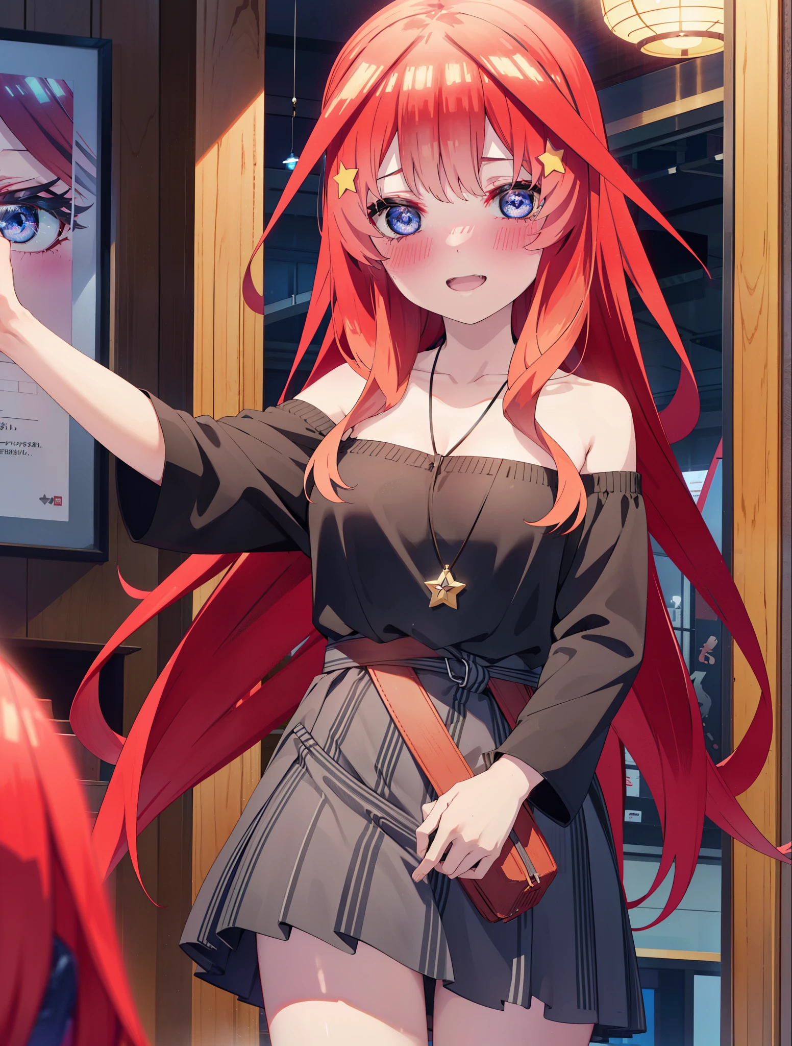 itsukinakano, itsuki nakano, bangs, blue eyes, hair between eyes, Ahoge, redhead, star \(symbol\happy smile, smile, open your mouth,skirt,blush, hair ornaments, star hair ornaments,red off shoulder sweater,bare shoulders,bare clavicle,naked neck,Heart Pendant Necklace,黒色ロングskirt,Mini Boots,whole bodyがイラストに入るように,There are many shops,
break indoors, ショッピングモール
break looking at viewer,whole body (cowboy shot:1.5),
break (masterpiece:1.2), highest quality, High resolution, unity 8k wallpaper, (shape:0.8), (fine and beautiful eyes:1.6), highly detailed face, perfect lighting, Very detailed CG, (perfect hands, perfect anatomy),