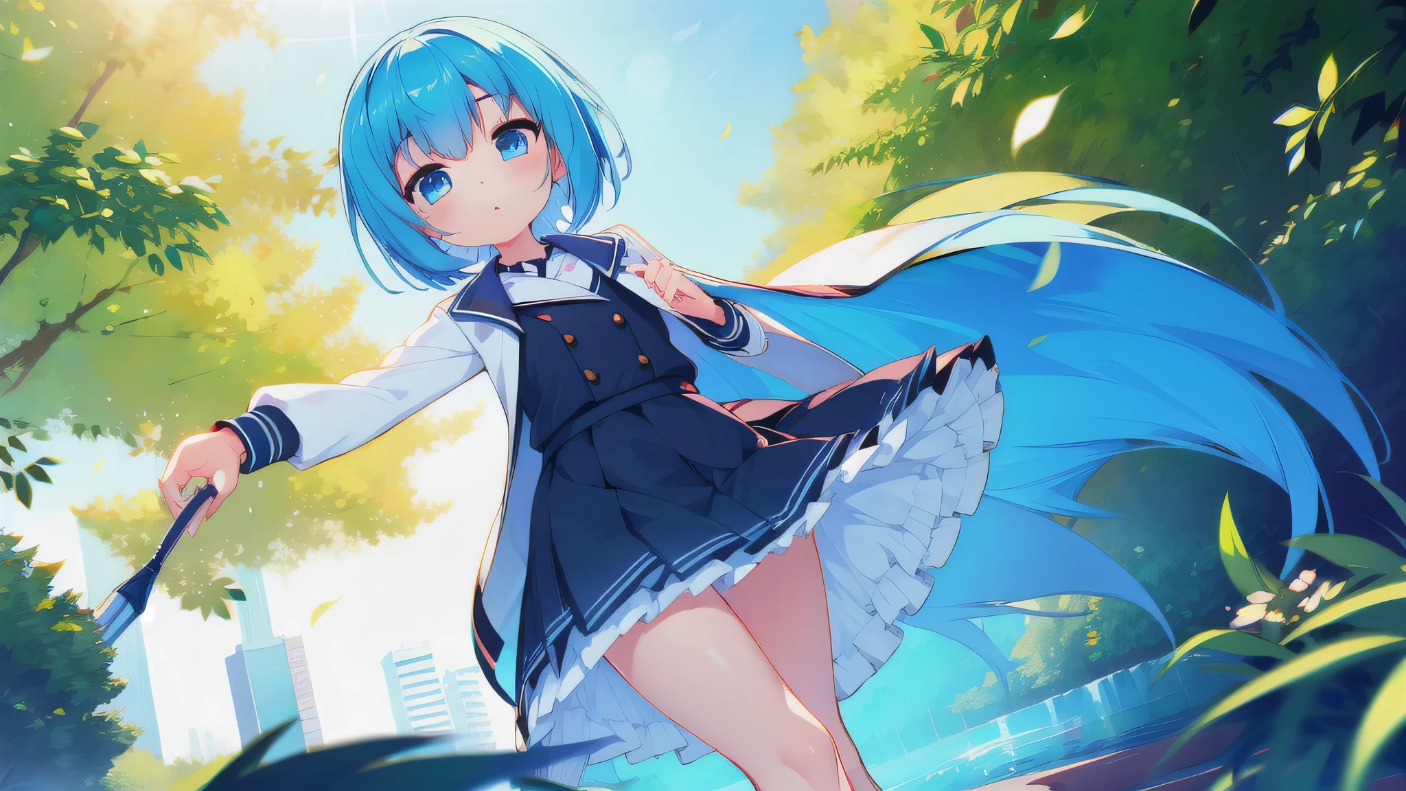 1 girl n blue hair eyes
light black color with white tennis suit with blue in mini skirt white stockings in park
