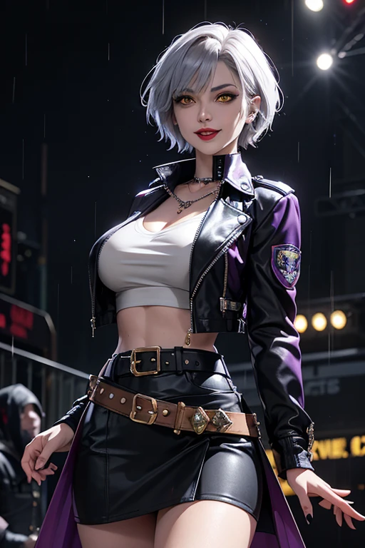 Beautiful police vampire, short hair like Lady from Devil May Cry, yellow eyes with punk-style makeup, purple lipstick, wearing a gray fitted blouse and skirt, in a punk-style jacket, police badge on her belt, showing her defined abdomen, charming smile, on stage in the background night city with gentle rain