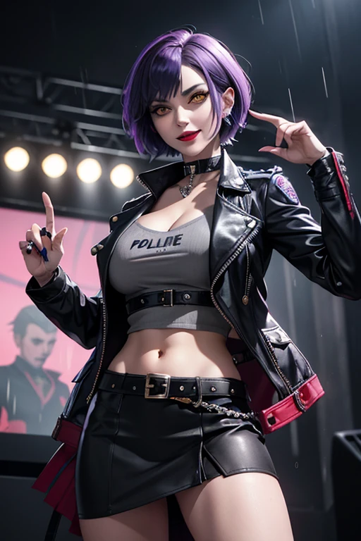 Beautiful police vampire, short hair like Lady from Devil May Cry, yellow eyes with punk-style makeup, purple lipstick, wearing a gray fitted blouse and skirt, in a punk-style jacket, police badge on her belt, showing her defined abdomen, charming smile, on stage in the background night city with gentle rain
