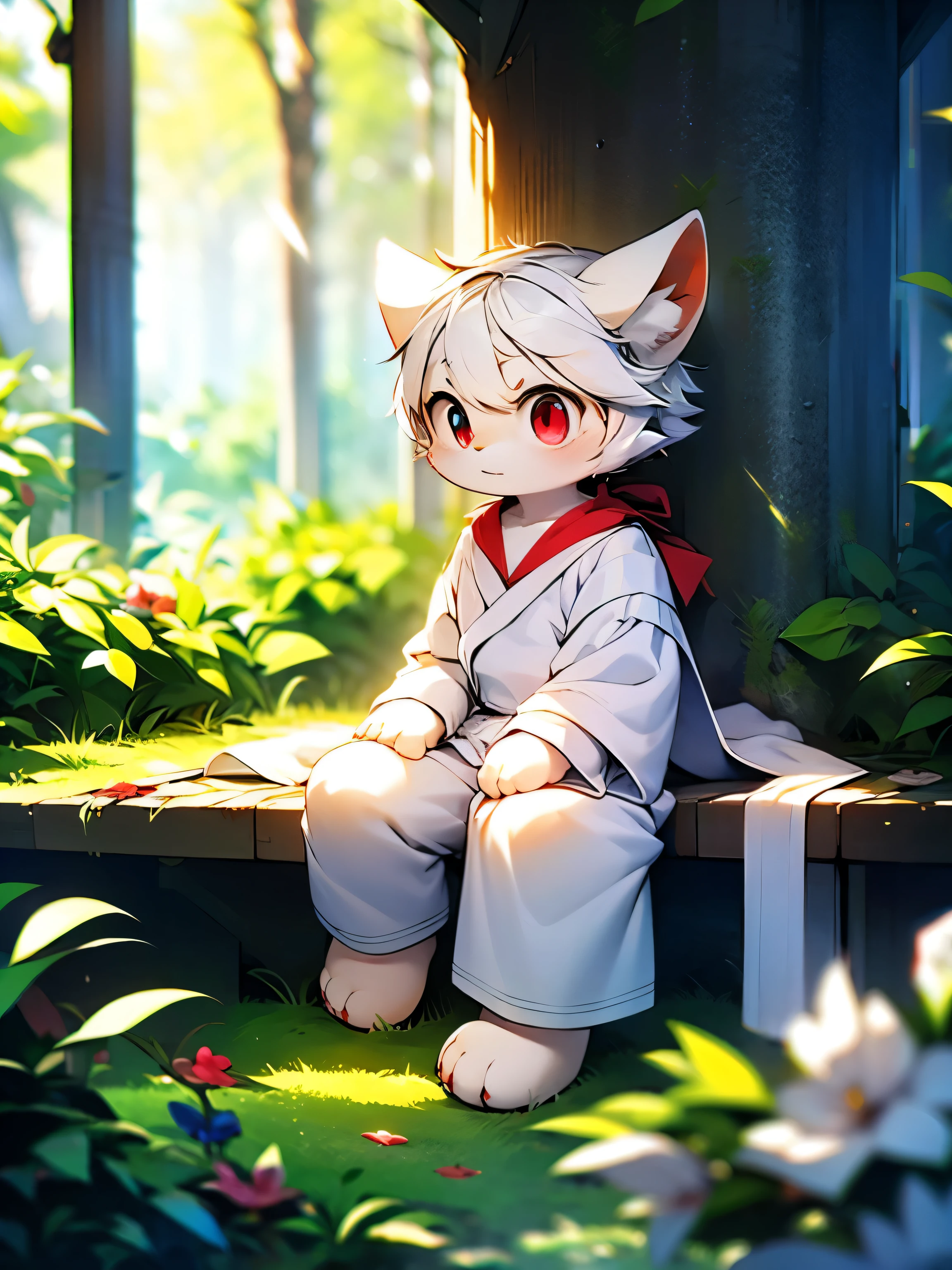 alone,mage,male,adult,white wolf,Light blue and white hair,red eyes,white robe,Gold diamond pattern,White trousers,white plush paws,serious expression,White stuffed tail,mystery,powerful,bright and lively eyes(A masterpiece)(high quality)(clear structure)(Extremely detailed background)(extremelydetailedcharacter)