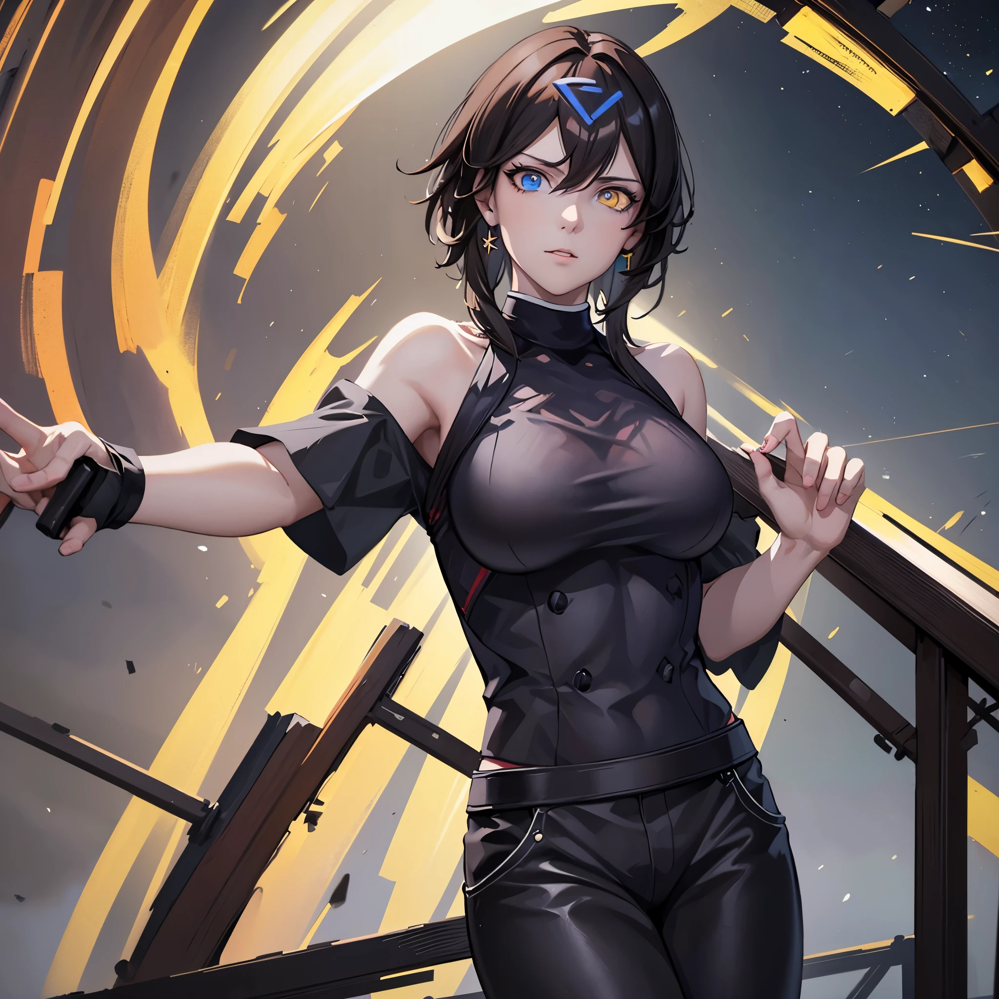 A woman with a red and black checkered t-shirt, wet black pants, dark brown hair, one blue eye, one yellow eye, in a gazebo, on a lawn, at night,(just a girl, solo) ultra resolution, very detailed, HDR, masterpiece, 8K hd