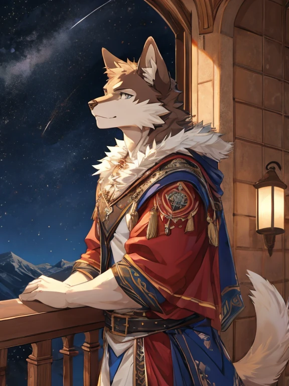 (furry art, Uploaded to e621: 1.4),1 boy, A dragon, alone, on the mountain, looking at the stars, permanent, detail fur, perfect eyes, Detail body, Detailed face, (masterpiece), (best quality), (Super detailed: 1.0), cool pose, (Clear, shining:0,8), (1 boy, alone), (alone_focus), Details fluffy fur, natural lighting, (male), Humanity, On the balcony, Detail background, Perfect sky, detail fur