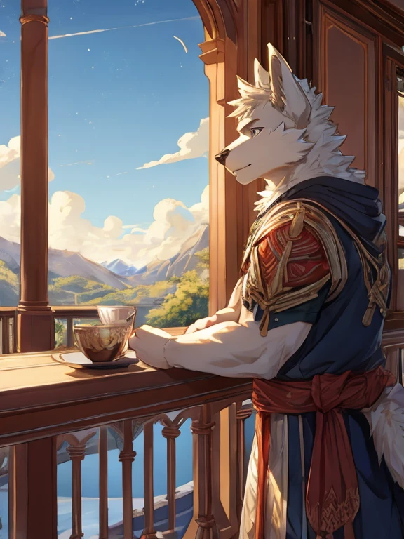 (furry art, Uploaded to e621: 1.4),1 boy, A dragon, alone, on the mountain, looking at the stars, permanent, detail fur, perfect eyes, Detail body, Detailed face, (masterpiece), (best quality), (Super detailed: 1.0), cool pose, (Clear, shining:0,8), (1 boy, alone), (alone_focus), Details fluffy fur, natural lighting, (male), Humanity, On the balcony, Detail background, Perfect sky, detail fur