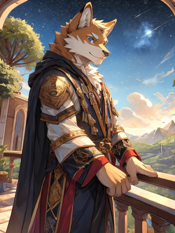 (furry art, Uploaded to e621: 1.4),1 boy, A dragon, alone, on the mountain, looking at the stars, permanent, detail fur, perfect eyes, Detail body, Detailed face, (masterpiece), (best quality), (Super detailed: 1.0), cool pose, (Clear, shining:0,8), (1 boy, alone), (alone_focus), Details fluffy fur, natural lighting, (male), Humanity, On the balcony, Detail background, Perfect sky, detail fur