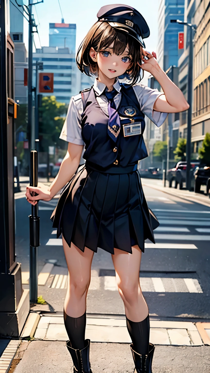 highest quality、masterpiece、8K、realistic、ultra high resolution、very delicate and beautiful、HDR、cinematic lighting、medium range shooting、portrait、perfect female body、Beautiful woman、mature woman、put your hand on your head、look at the audience、((Standing position:1.6))、medium breasts、cityscape、((short bob:1.8、brown hair))、((policewoman:1.4、uniform、limited cap、uniformのボタン、tie、uniformのジャケット))、Police Vehicles、Baton、handcuffs、wireless、vest、leather shoes、name tag、uniformのパッチ、防弾vest、police badge、skirt、boots、gun、police badge、epaulettes、uniformのskirt