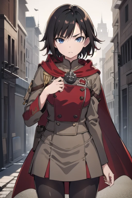 rubyrose, ruby rose, short hair, black hair, red hair, (grey eyes:1.5),
BREAK dress, pantyhose, cape,
BREAK looking at viewer,
BREAK outdoors,
BREAK (masterpiece:1.2), best quality, high resolution, unity 8k wallpaper, (illustration:0.8), (beautiful detailed eyes:1.6), extremely detailed face, perfect lighting, extremely detailed CG, (perfect hands, perfect anatomy),