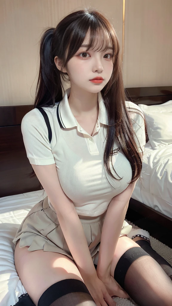 muste piece, best quality, illustration, Super detailed, fine details, High resolution, 8K,wall paper, perfect dynamic composition,(Details High quality, realistic depiction of eyes:1.3), (Polo shirt with collar), pleated skirt, knee high socks, ponytail, Lying down, black hair color, Big Natural Color Lip, bold sexy pose, (perfect body shape), crying a little、cold gaze, Harajuku style、20 year old girl、cute type、ta、beautiful legs, hotel room, hposing Gravure Idol, Voluptuous thighs