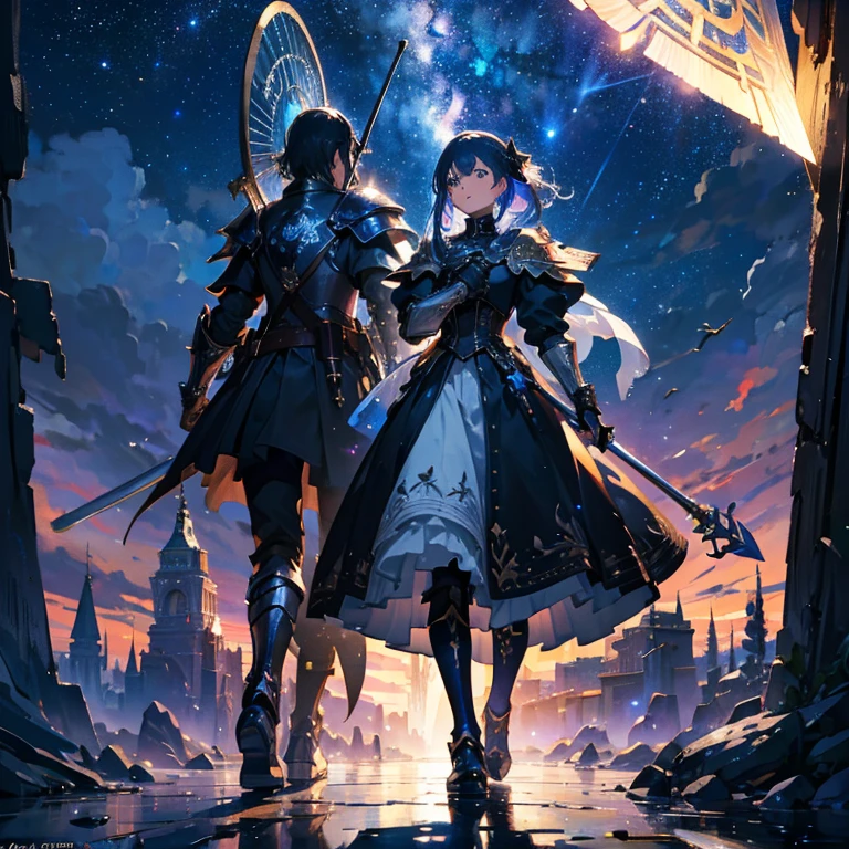 ((masterpiece, highest quality)), detailed face, full body esbian, Full of details, Multiple poses and expressions, very detailed, depth, many parts,national,plate armor,Beautiful Paladasy style,Holding a shield,Have a battle axe,mirror,very beautiful,mysterious,fantasy,rainbow colors,high balance, Natural light, black lace,black laceパンスト,starry sky,Star ornament